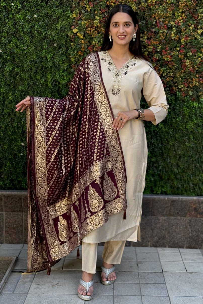 Beige Roman Silk Designer Kurti Pant Dupatta Set
