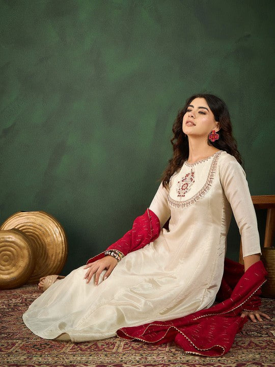 White Vichitra Silk Embroidered Kurta Pant Dupatta Set