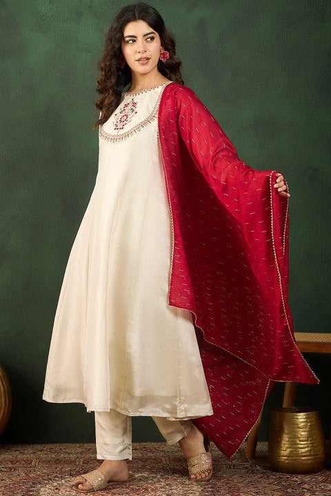 White Vichitra Silk Embroidered Kurta Pant Dupatta Set