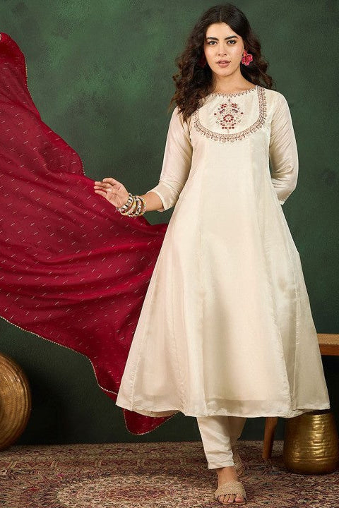 White Vichitra Silk Embroidered Kurta Pant Dupatta Set