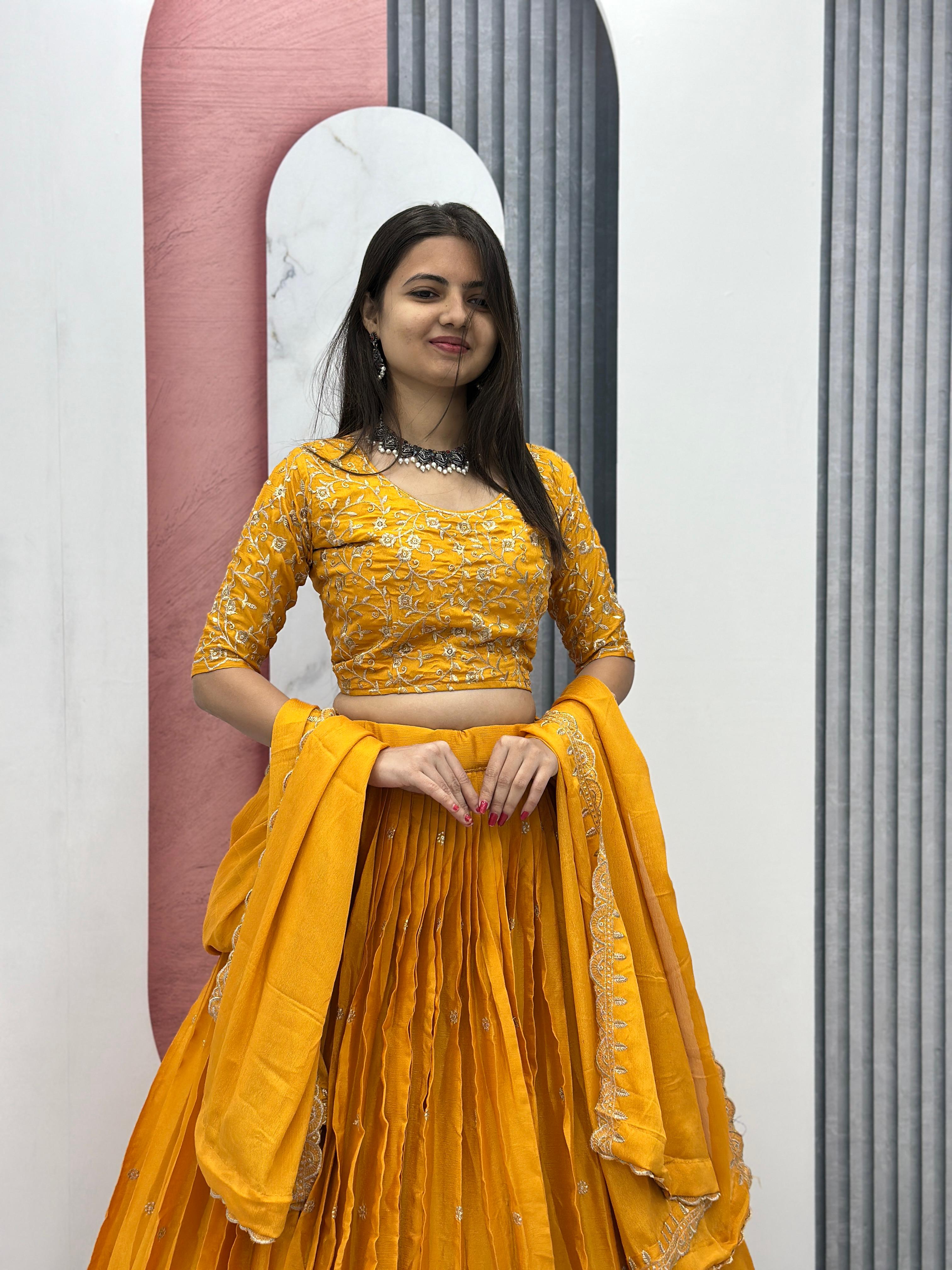 Yellow Chinon Festival Embroidered Lehenga Choli