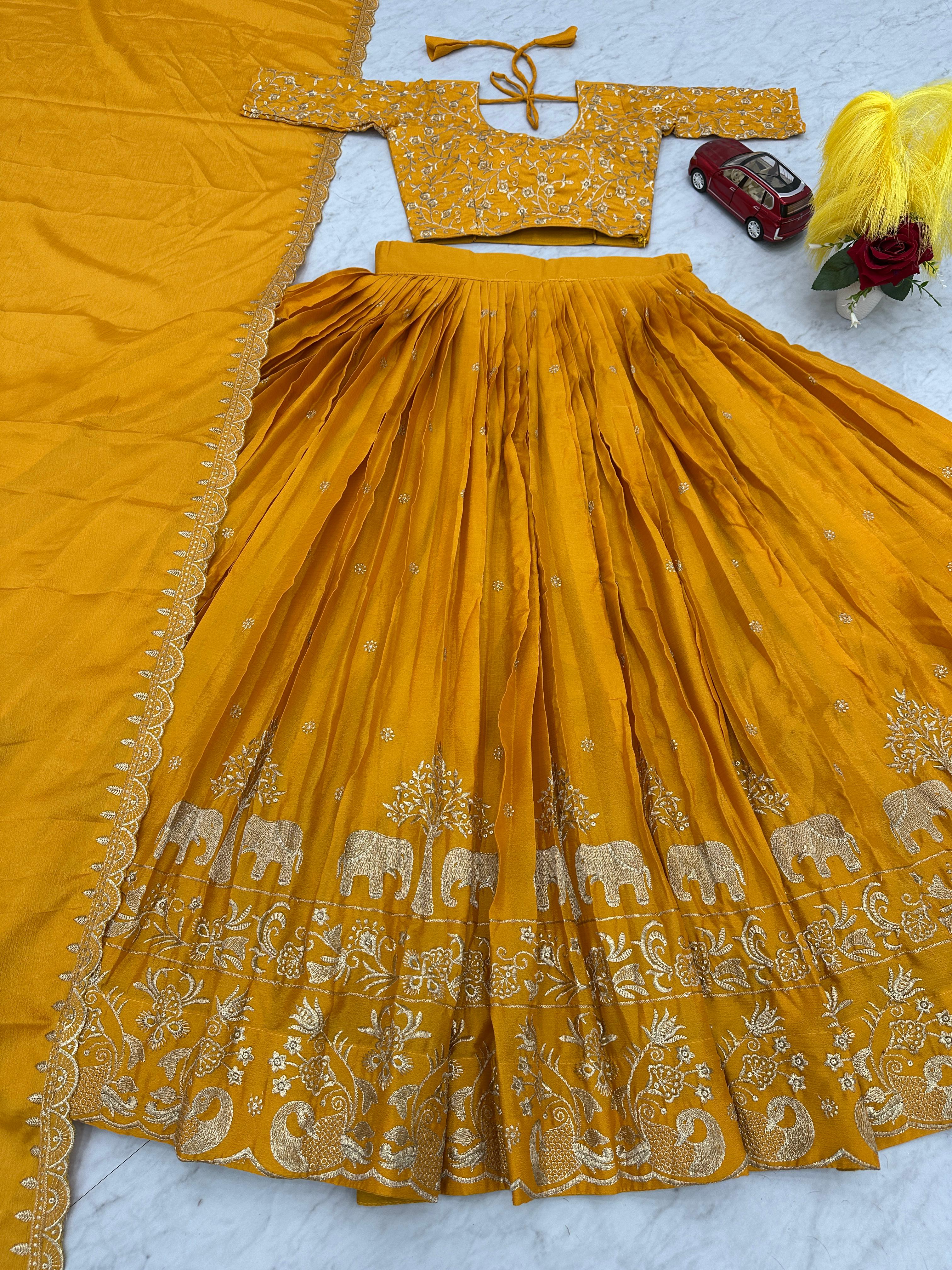 Yellow Chinon Festival Embroidered Lehenga Choli