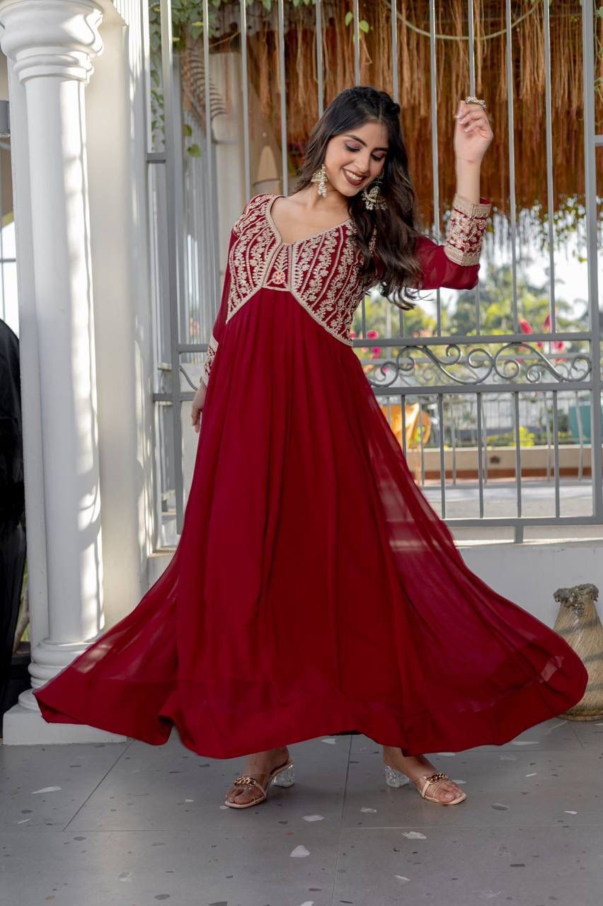 Maroon Faux Georgette Embroidered Designer Gown