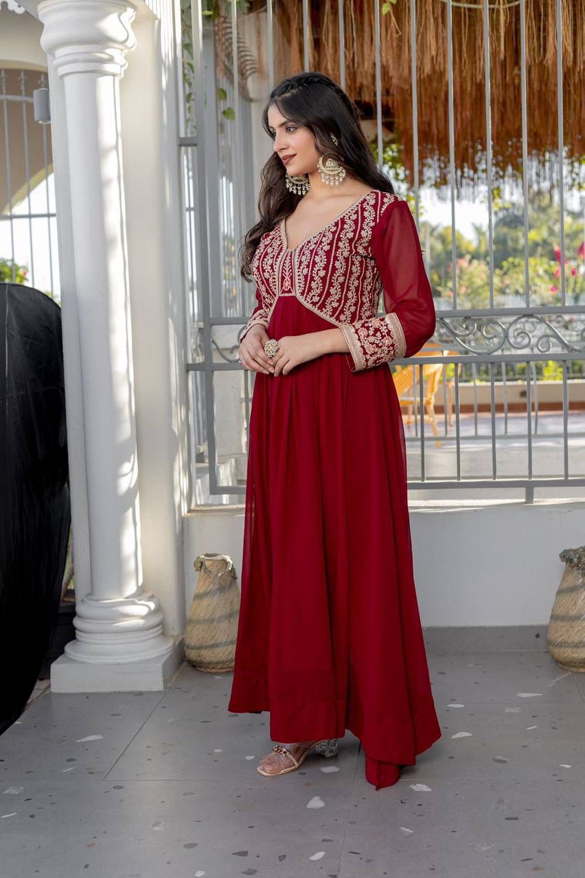 Maroon Faux Georgette Embroidered Designer Gown