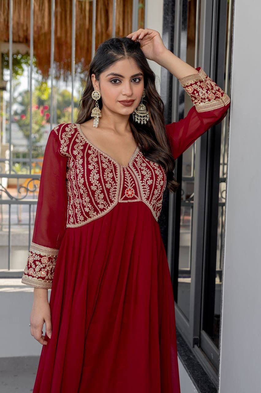 Maroon Faux Georgette Embroidered Designer Gown