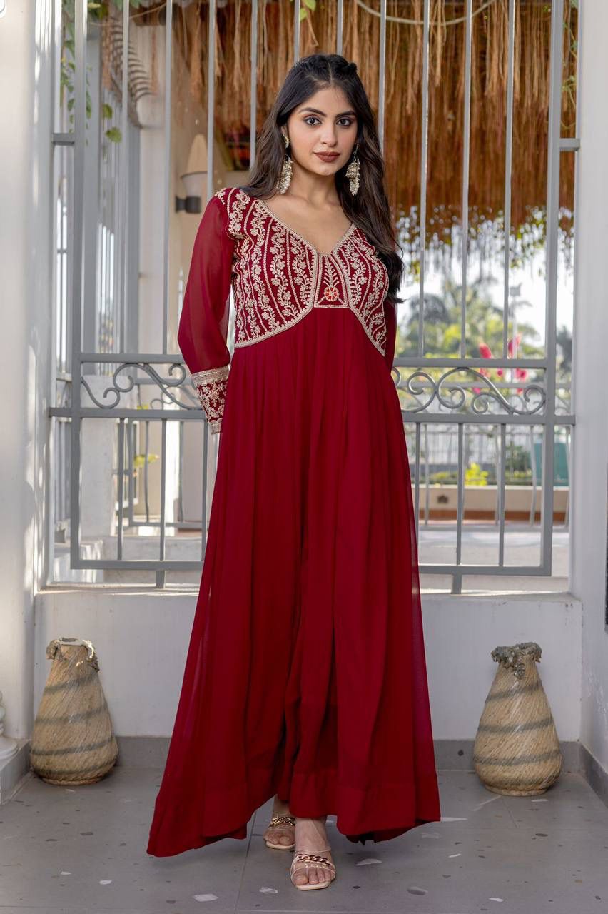 Maroon Faux Georgette Embroidered Designer Gown