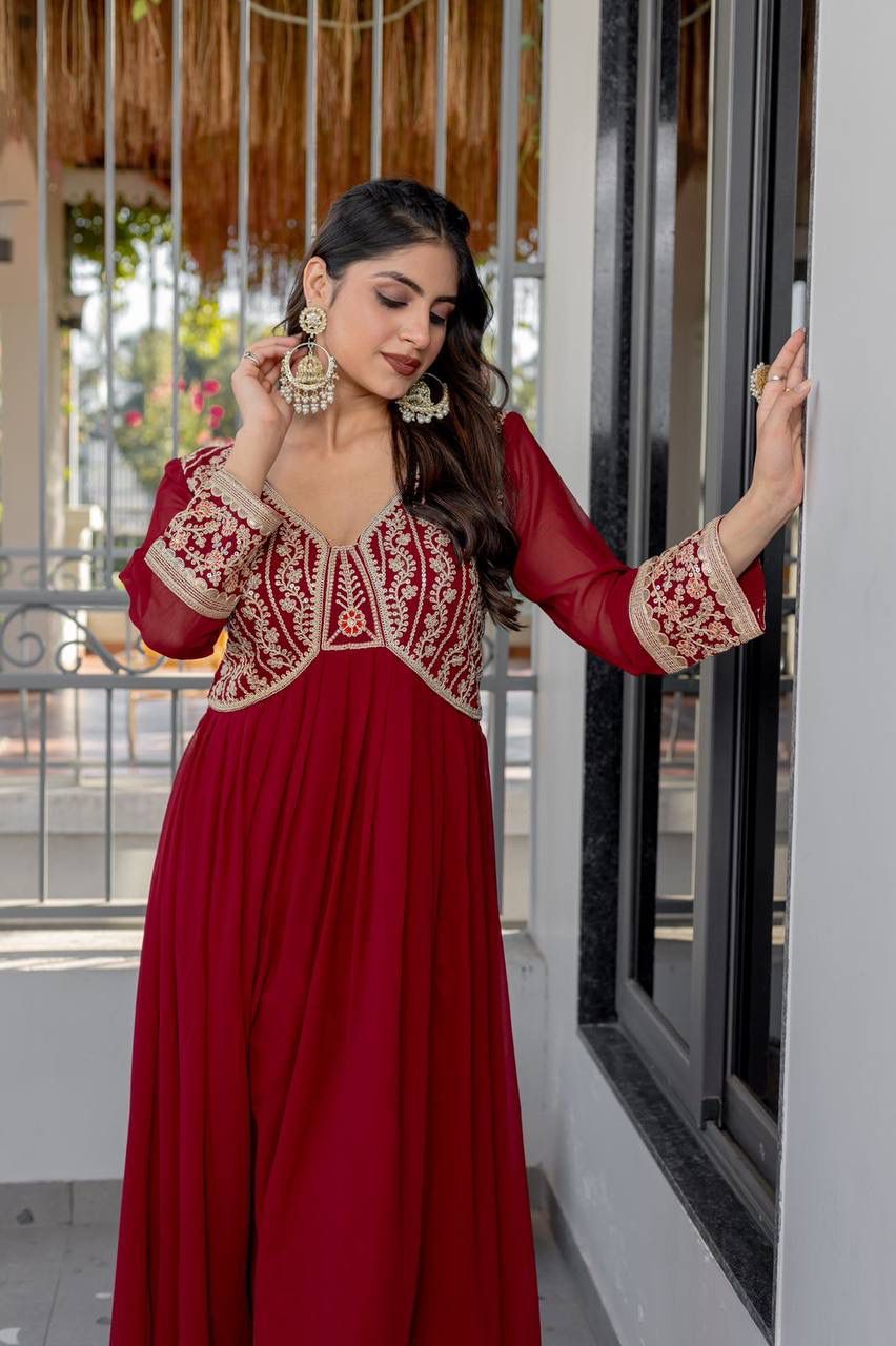 Maroon Faux Georgette Embroidered Designer Gown