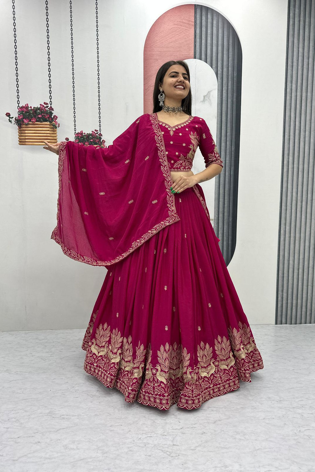 Tapi Pink Chinon Festival Embroidered Lehenga Choli
