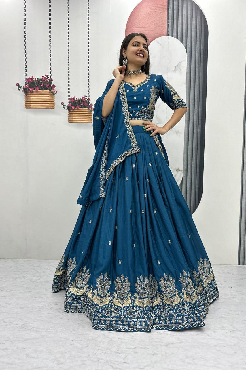 Tapi Blue Chinon Festival Embroidered Lehenga Choli