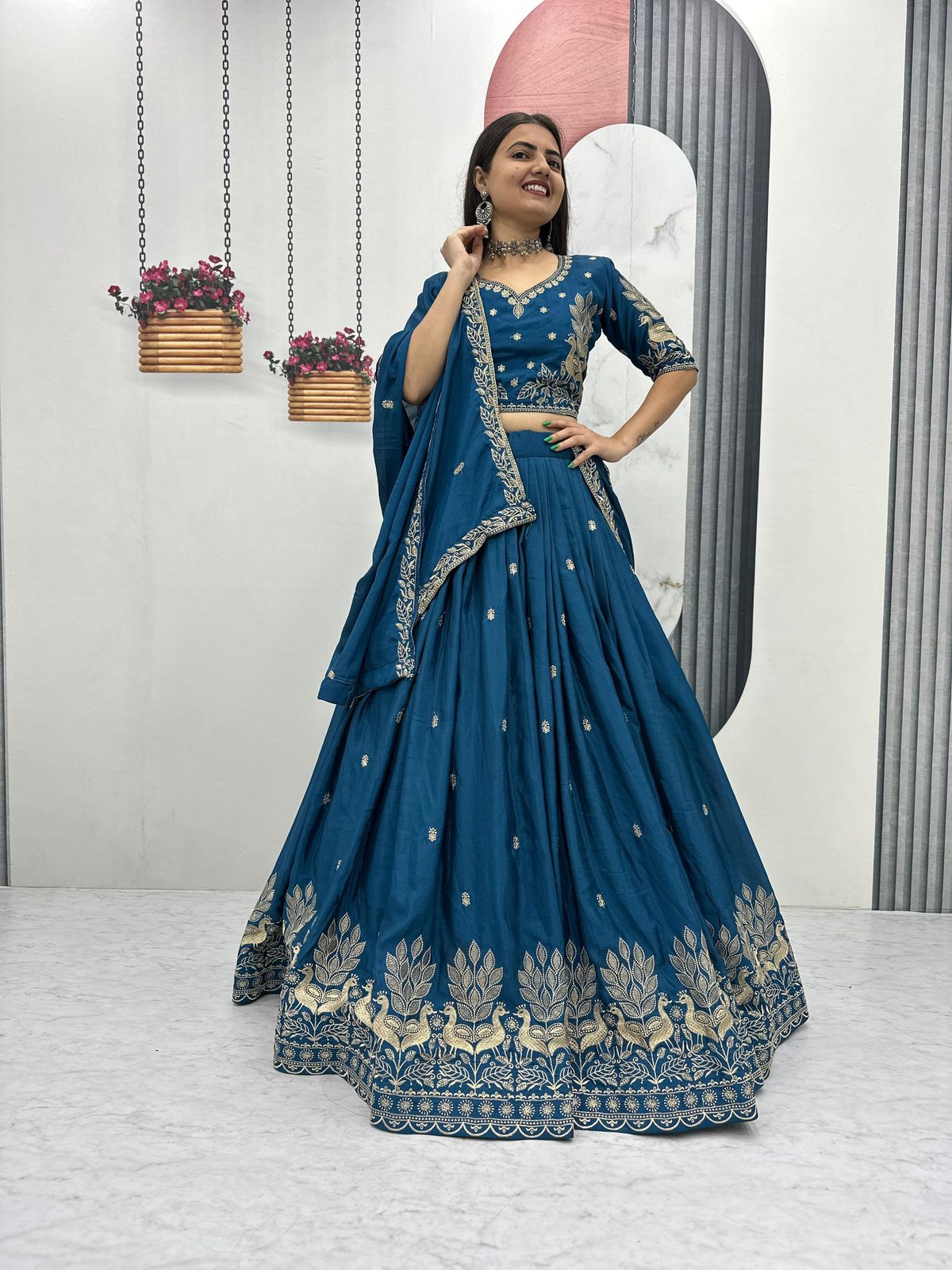 Tapi Blue Chinon Festival Embroidered Lehenga Choli
