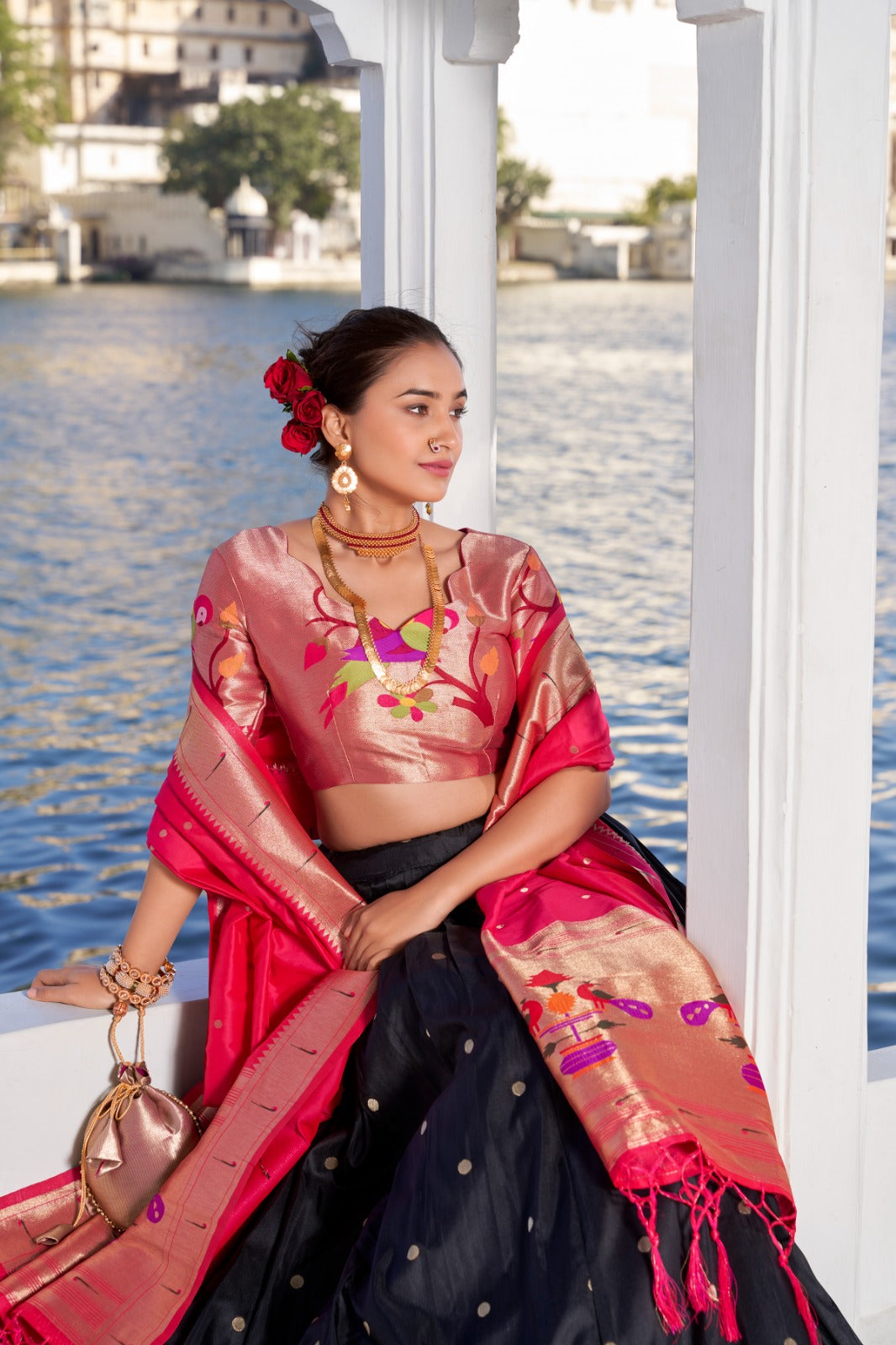 Black Paithani Jacquard Silk Lehenga Set