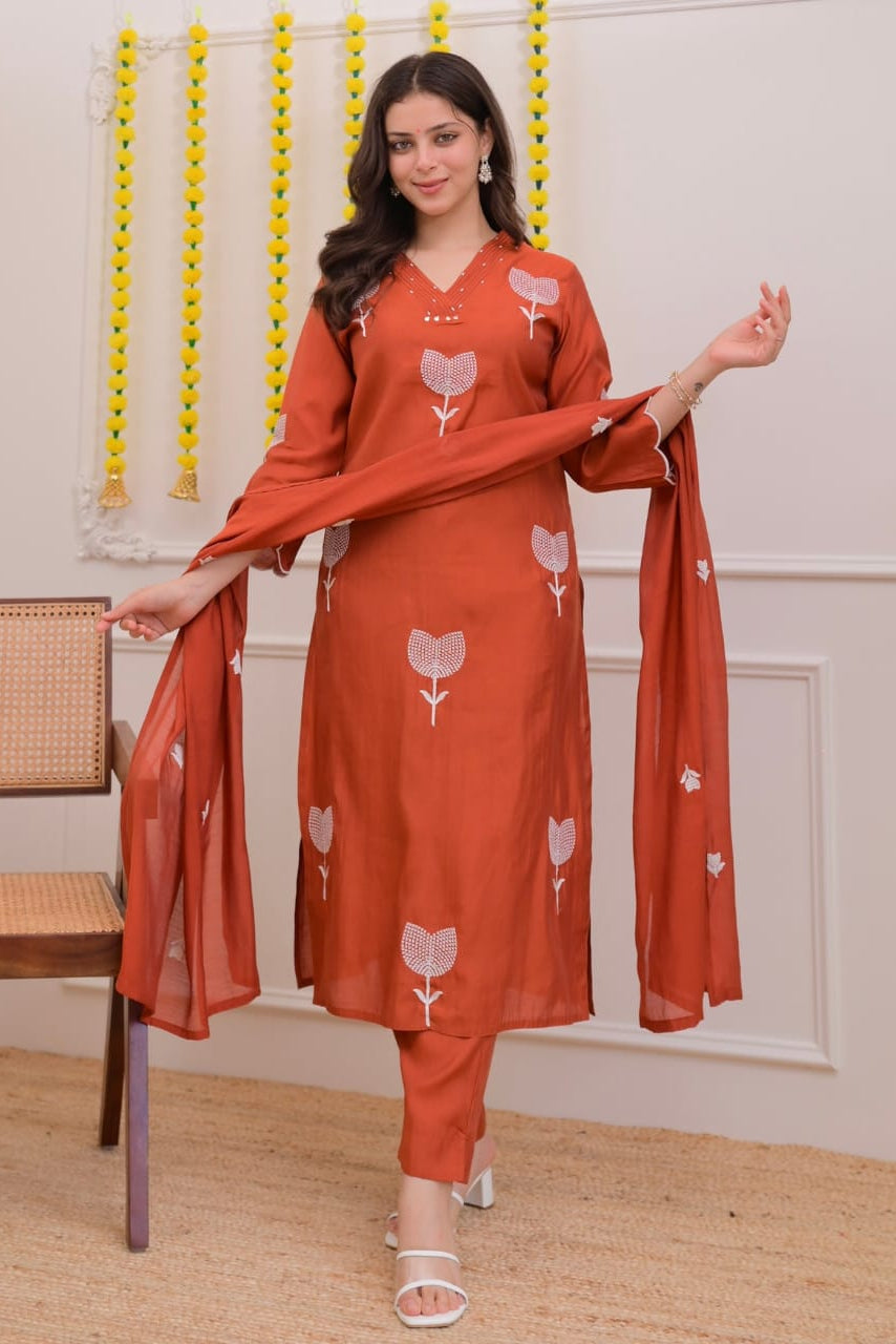 Pure Cotton Embroidered Moti Work Suit Set with Dupatta