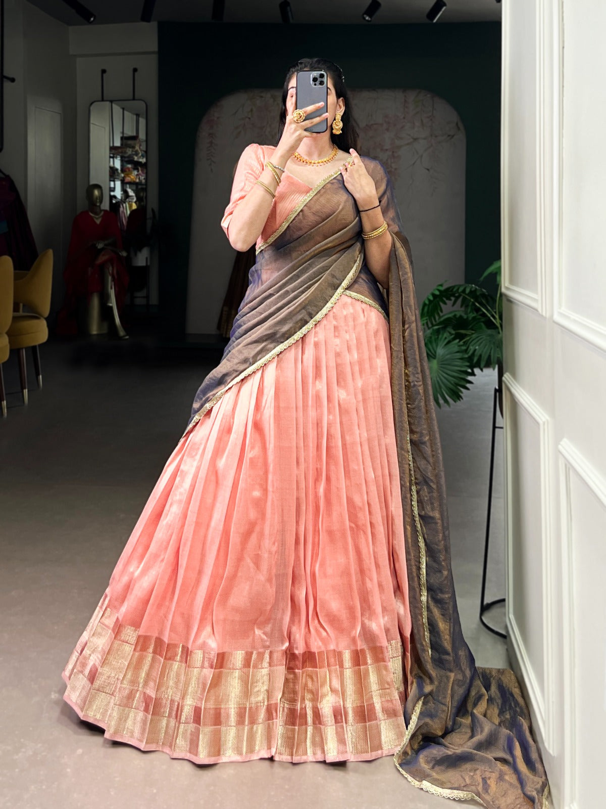 Riwaayat Peach Zari Weave Dupion Silk Lehenga Set