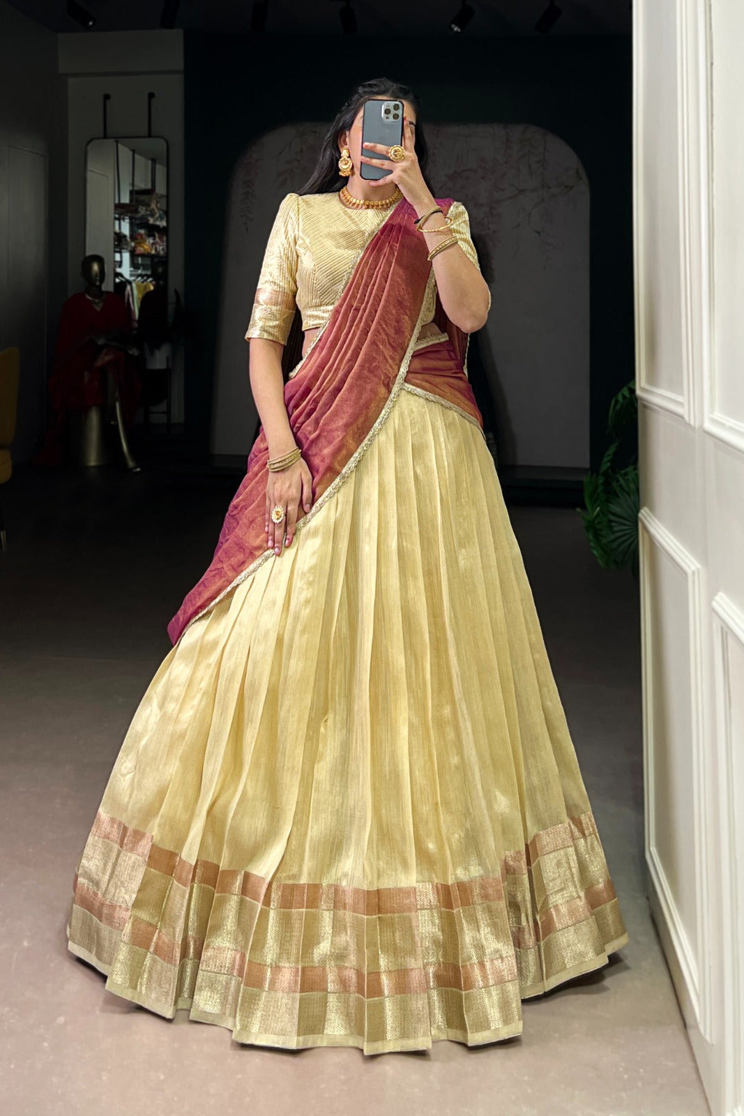 Riwaayat Light Golden Zari Weave Dupion Silk Lehenga Set