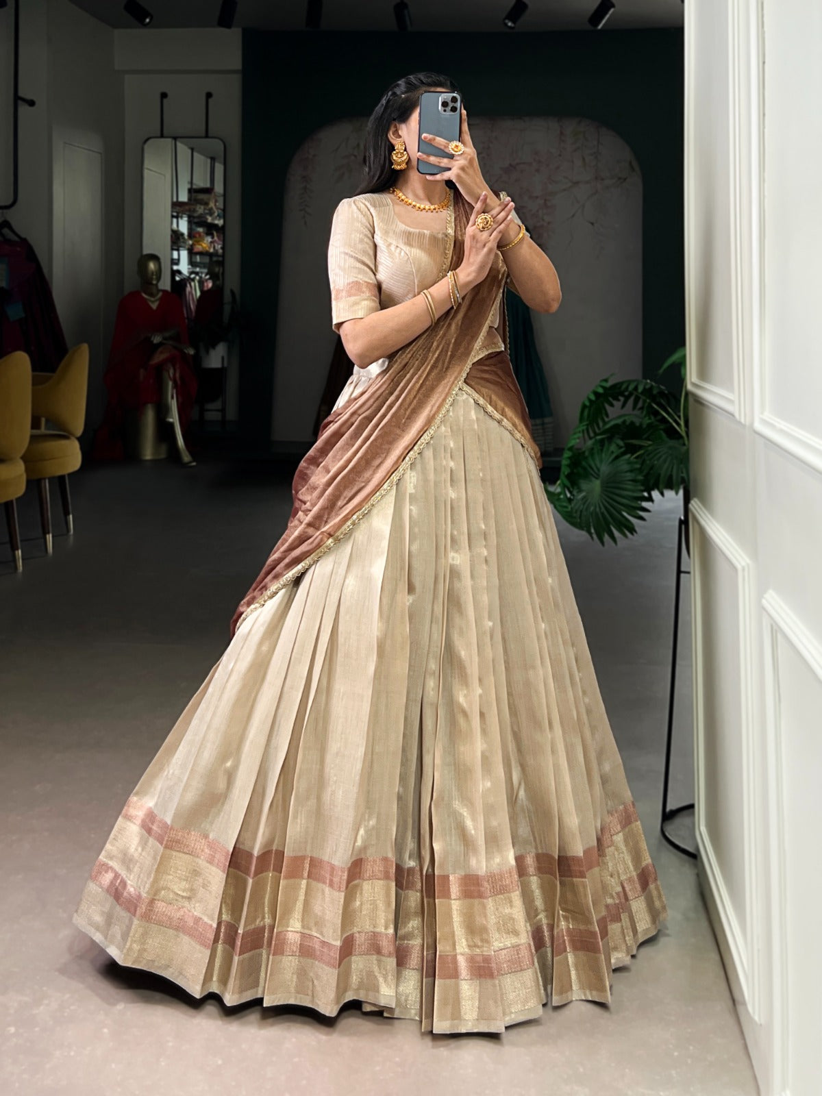 Riwaayat Beige Zari Weave Dupion Silk Lehenga Set