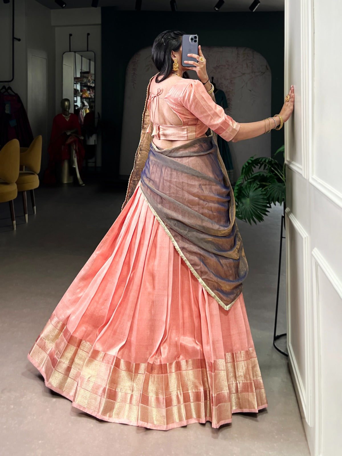 Riwaayat Peach Zari Weave Dupion Silk Lehenga Set