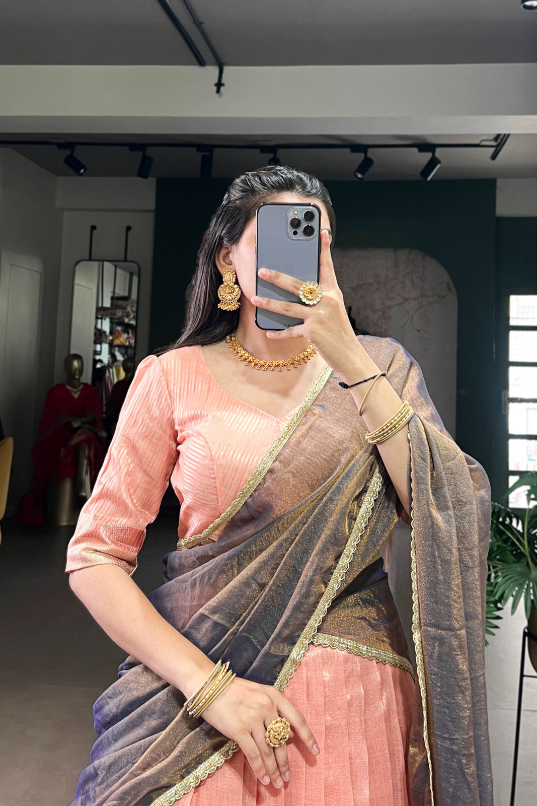 Riwaayat Peach Zari Weave Dupion Silk Lehenga Set