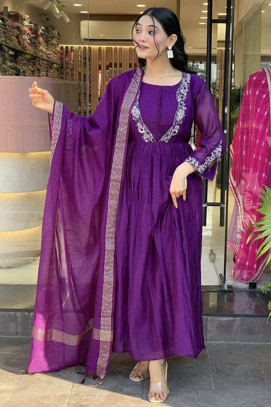 Viscose Chinon Embroidered Suit Set with Chanderi Silk Dupatta