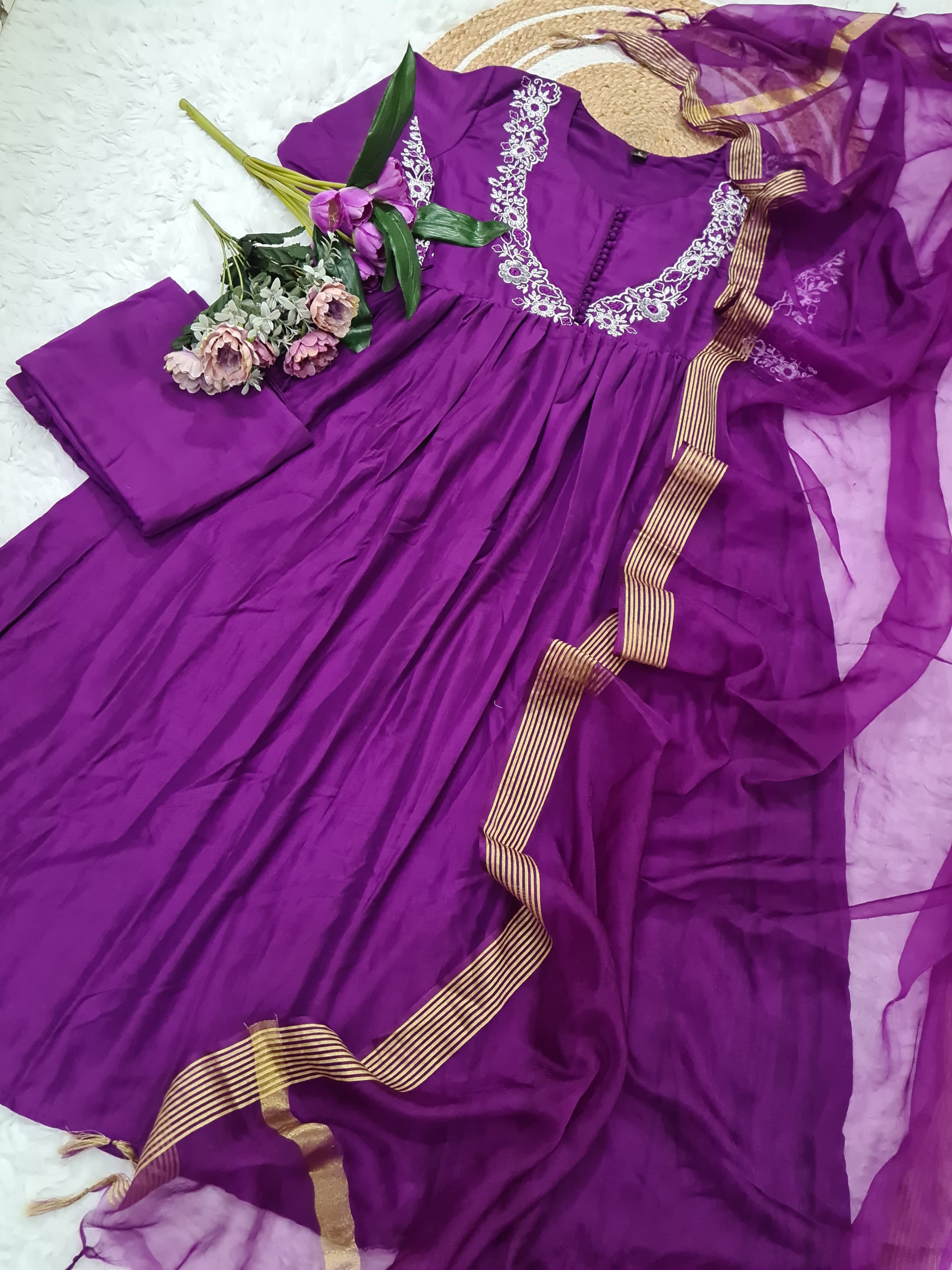 Viscose Chinon Embroidered Suit Set with Chanderi Silk Dupatta