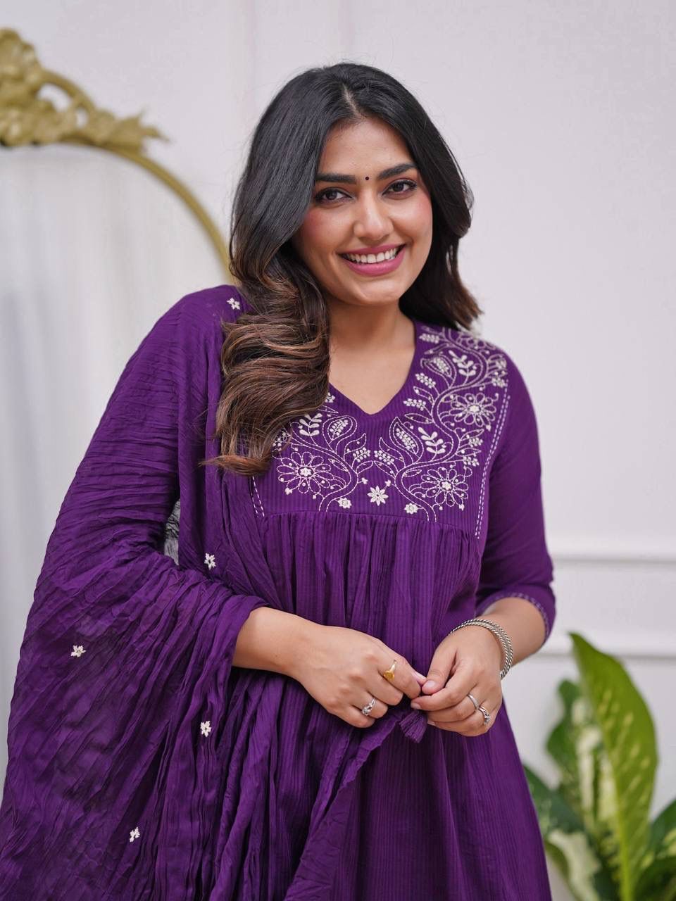 Purple Gulab Noor Rayon Flared Kurta Set