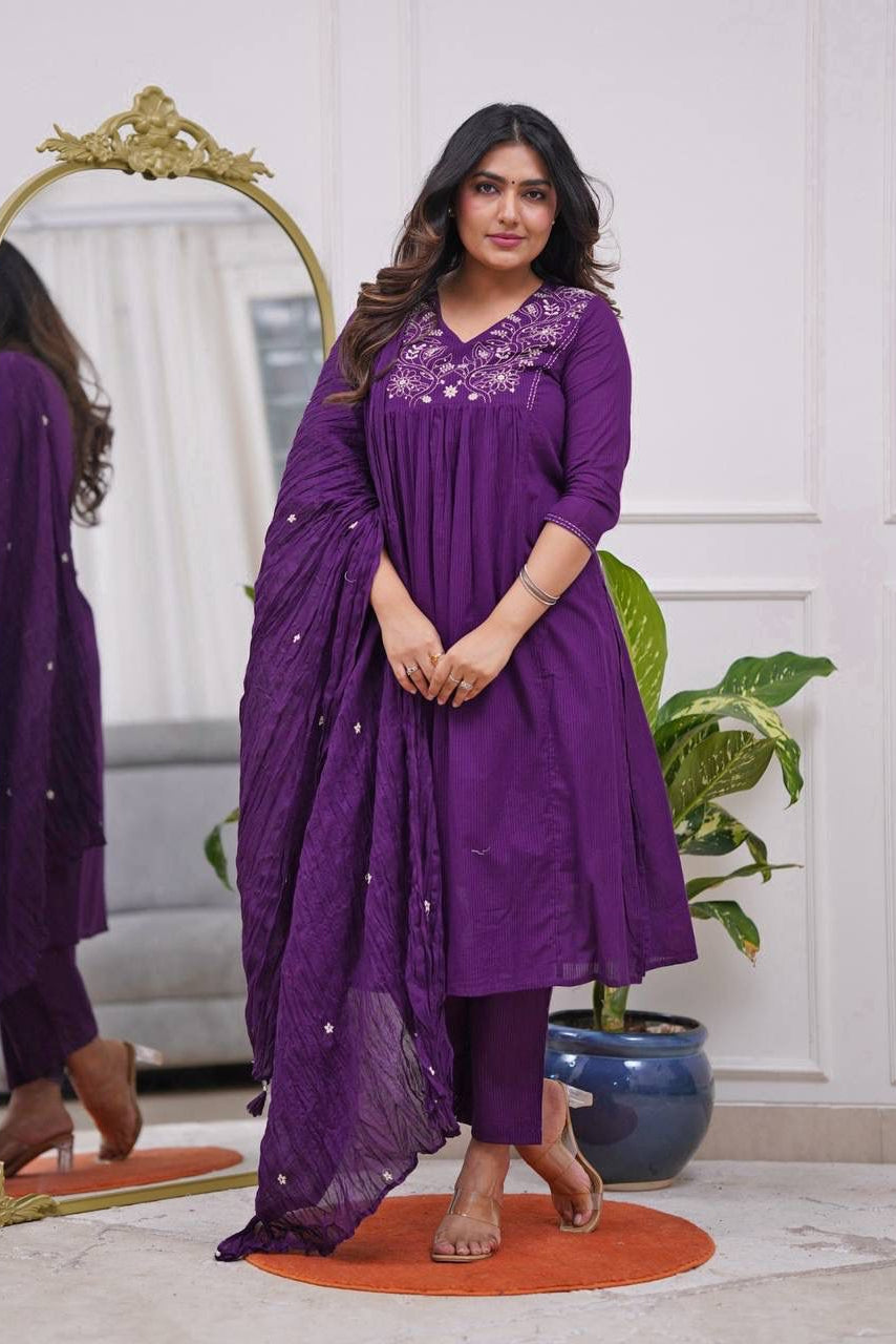 Purple Gulab Noor Rayon Flared Kurta Set