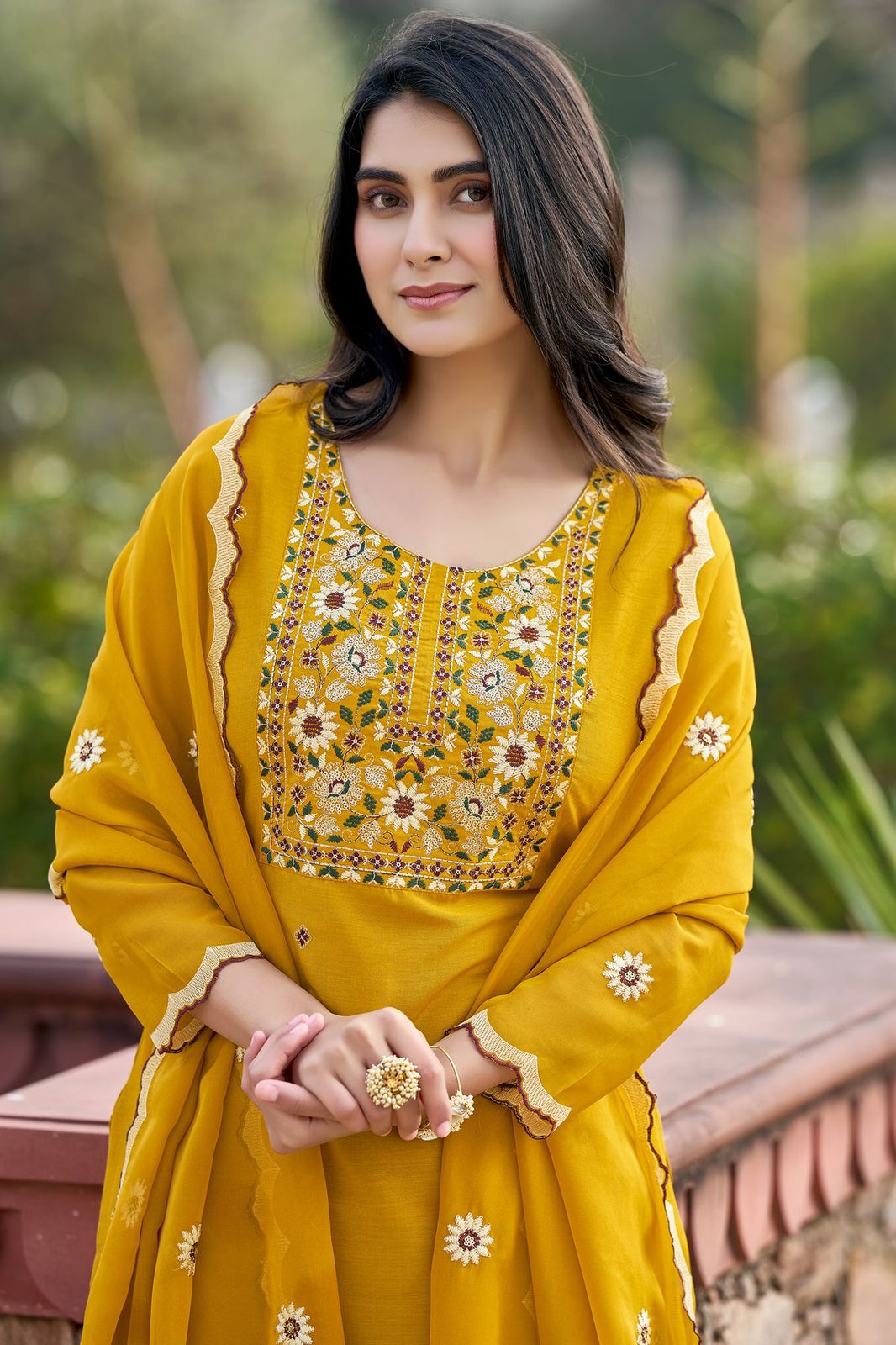 Yellow Neel Kamal Rayon Embroidered Suit Set
