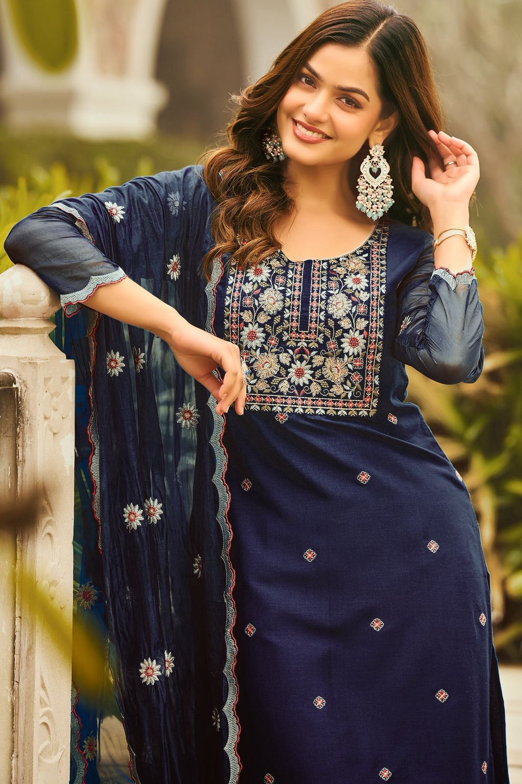 Blue Neel Kamal Rayon Embroidered Suit Set