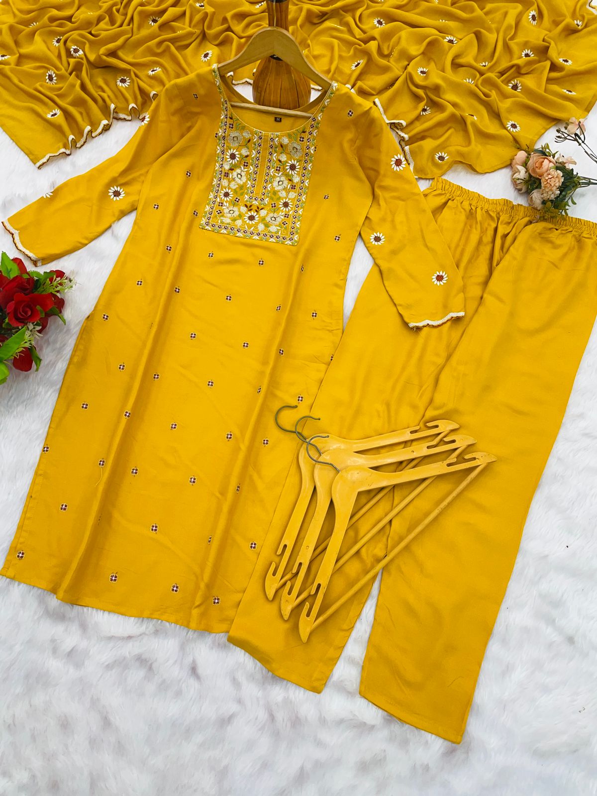 Yellow Neel Kamal Rayon Embroidered Suit Set