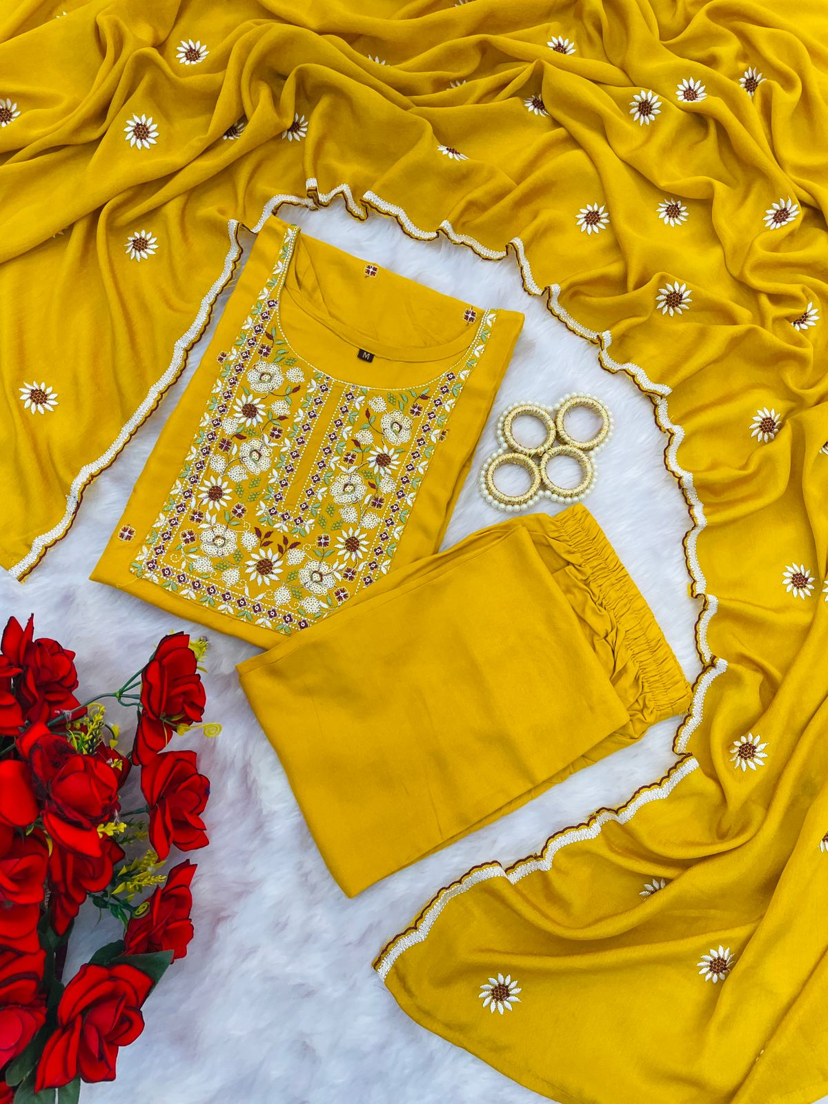 Yellow Neel Kamal Rayon Embroidered Suit Set