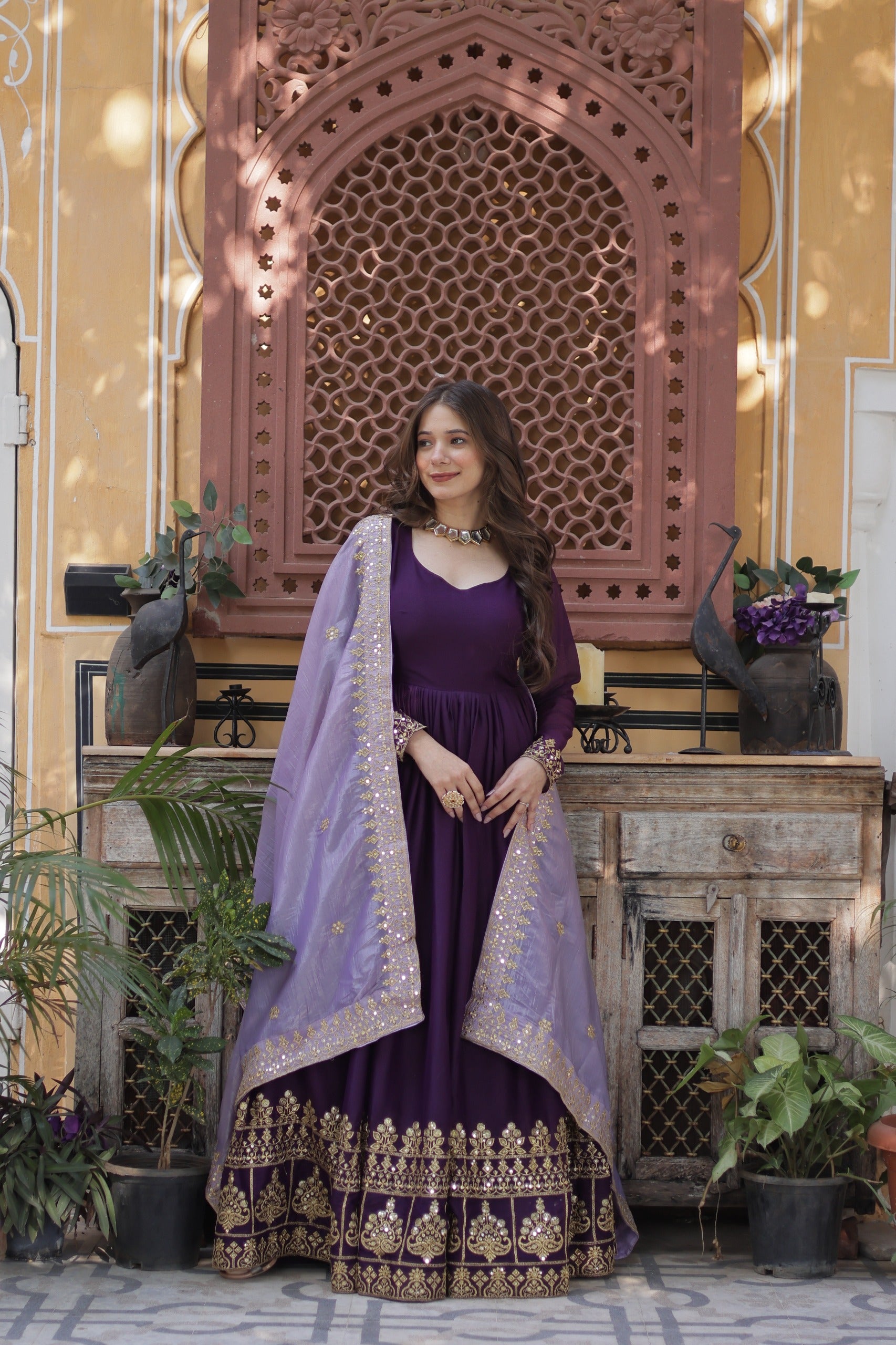 Purple Star Georgette Gown with Dupatta