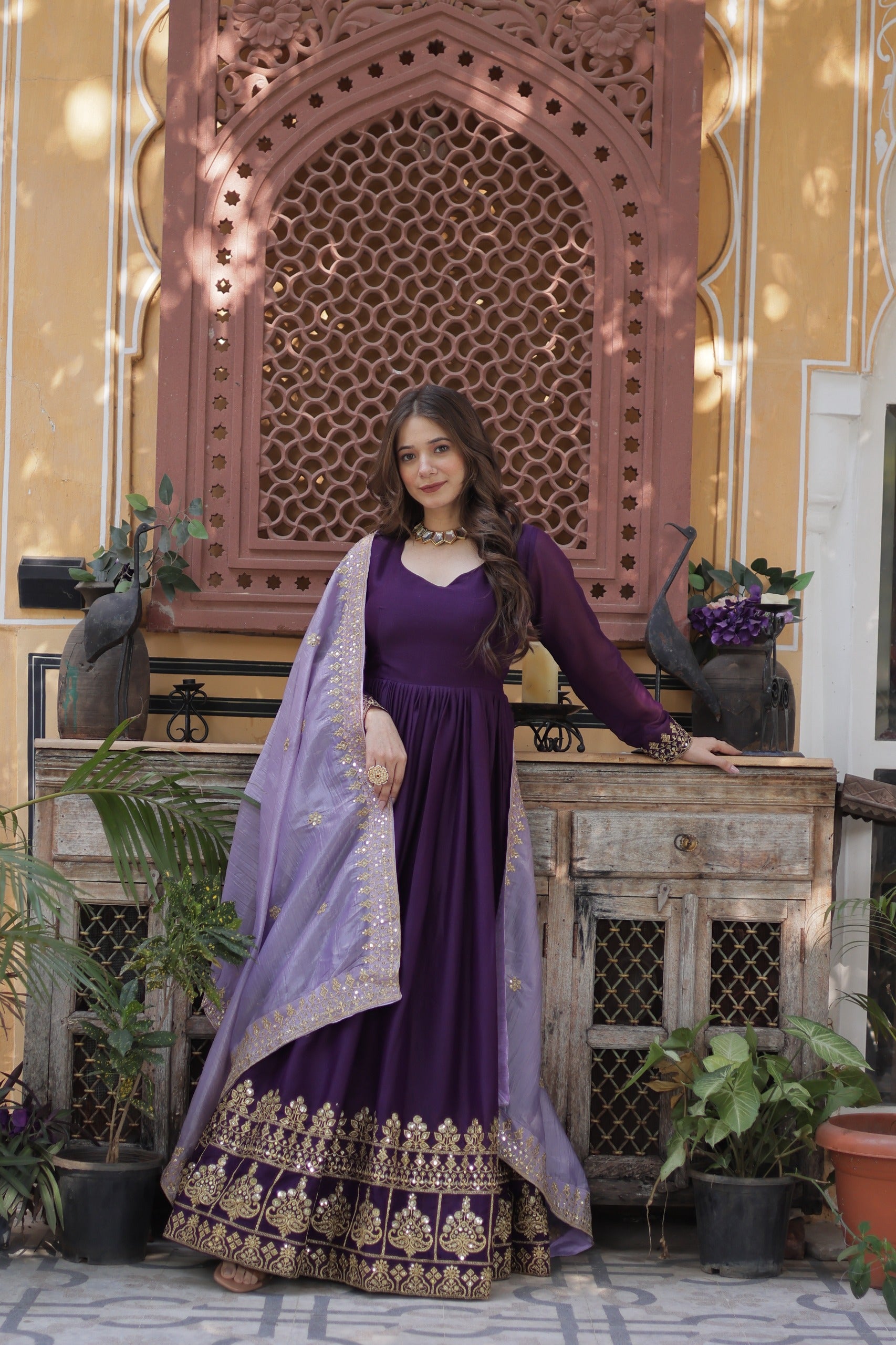 Purple Star Georgette Gown with Dupatta