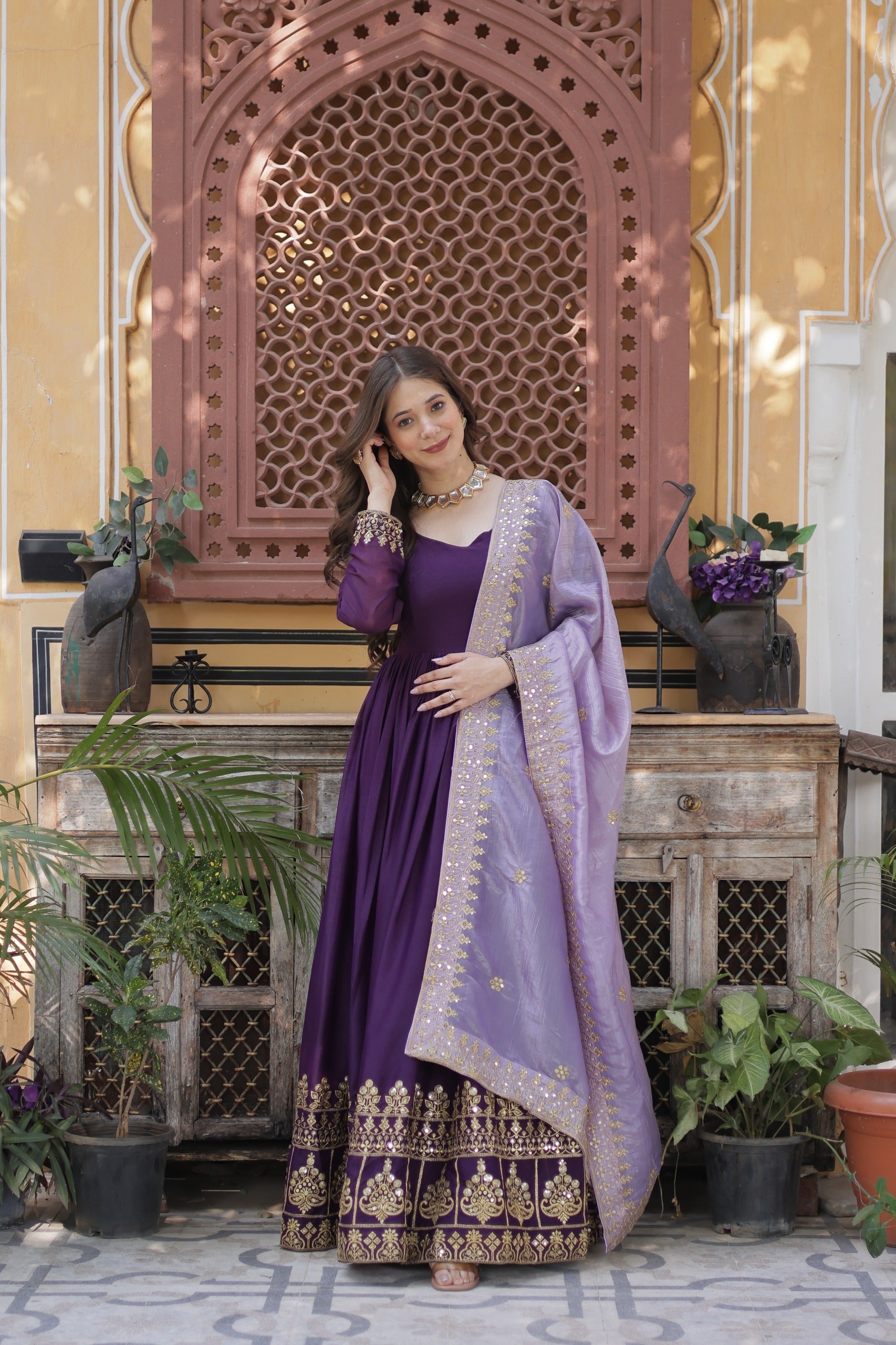 Purple Star Georgette Gown with Dupatta