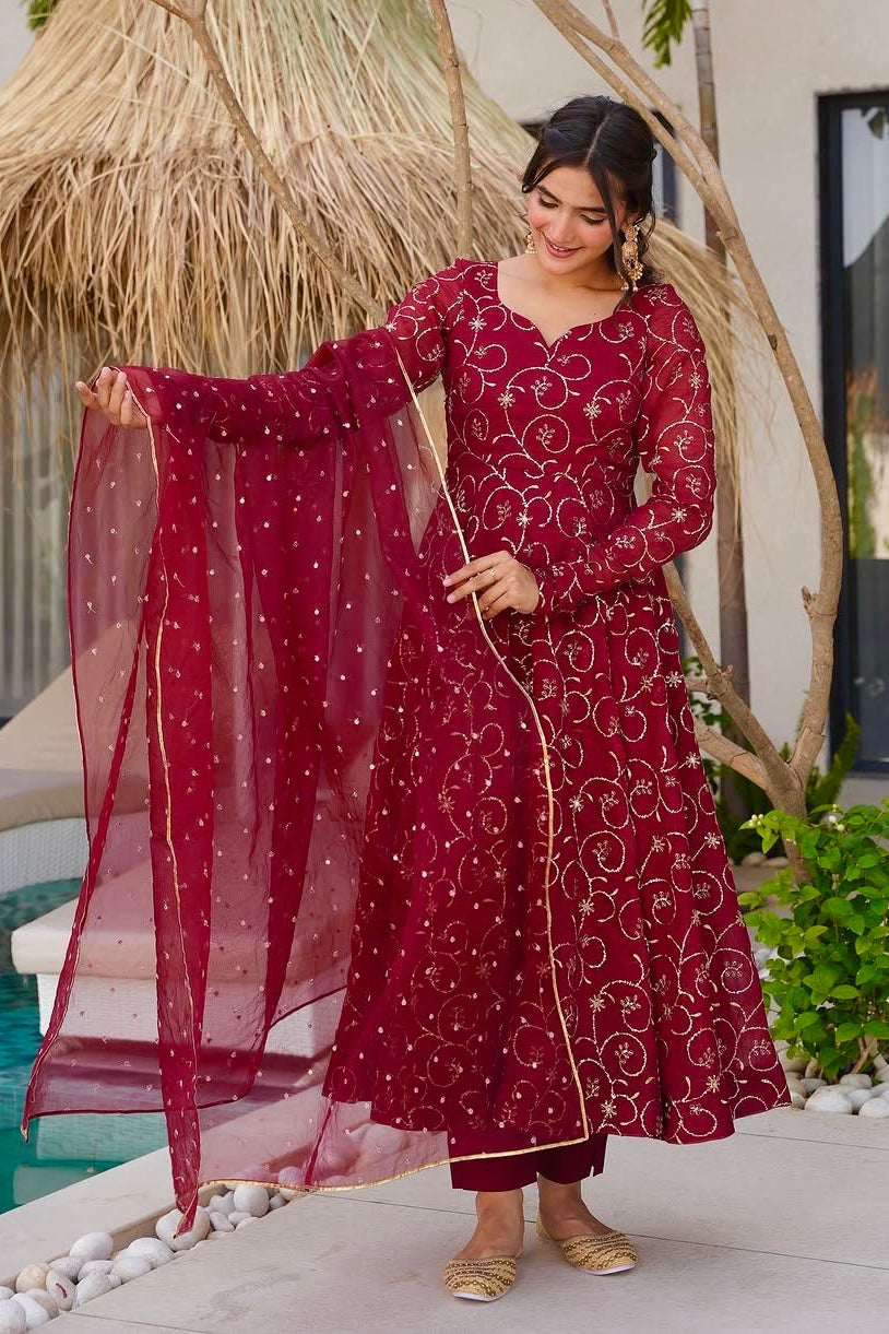Pure Chinon Heavy Embroidery Gown Pant Dupatta Set