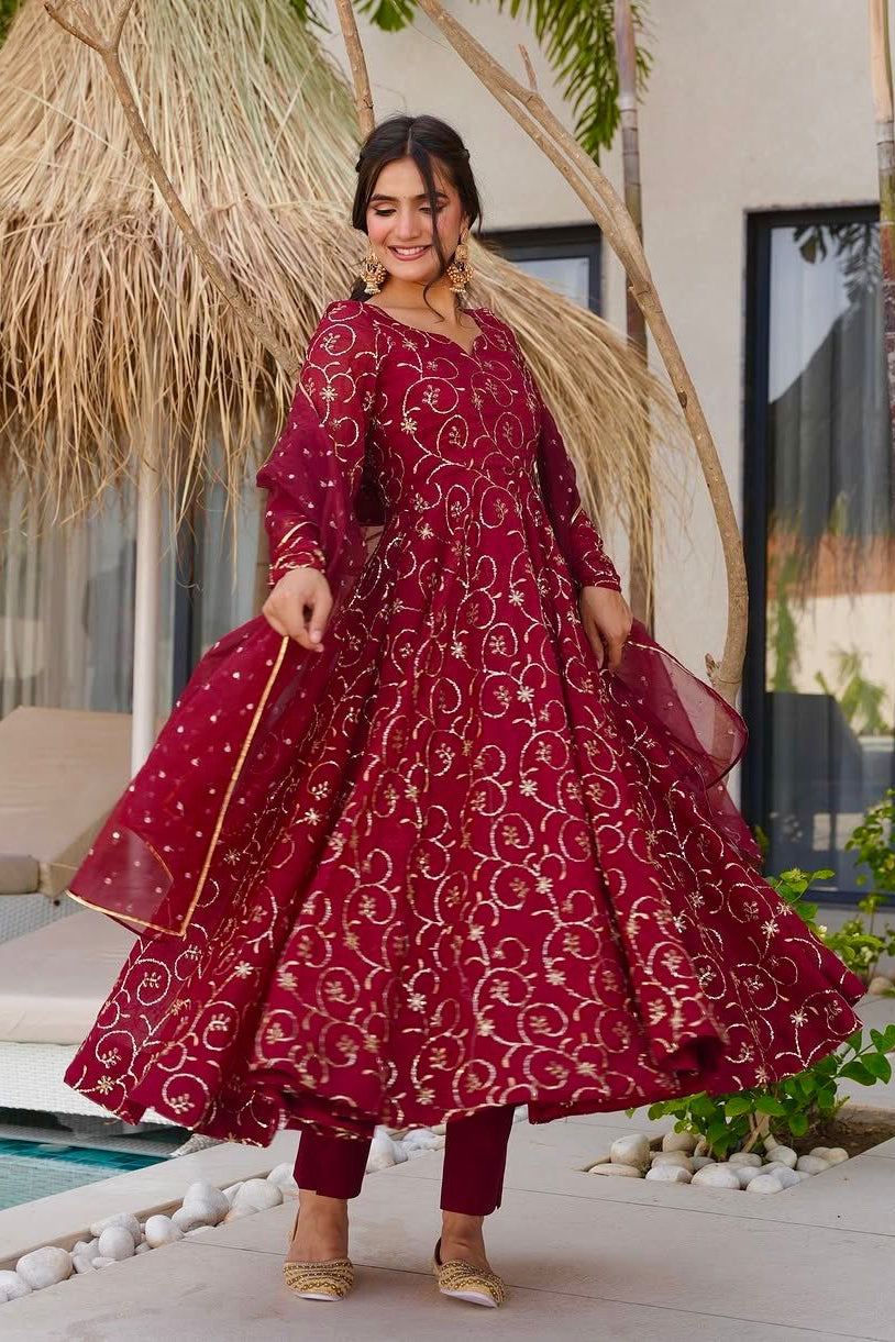 Pure Chinon Heavy Embroidery Gown Pant Dupatta Set