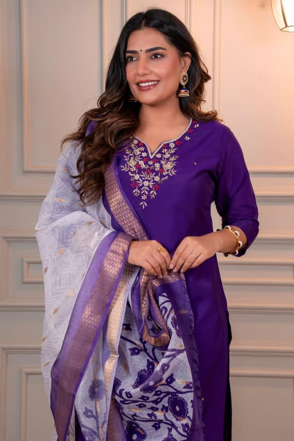 Purple Riwaayat Roman Silk Suit Set