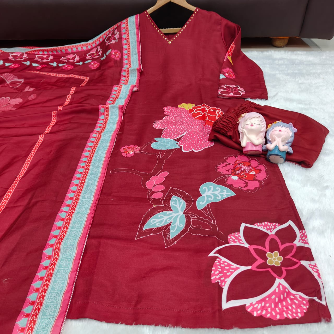 Maroon VastraSaaz Muslin Dupatta Set