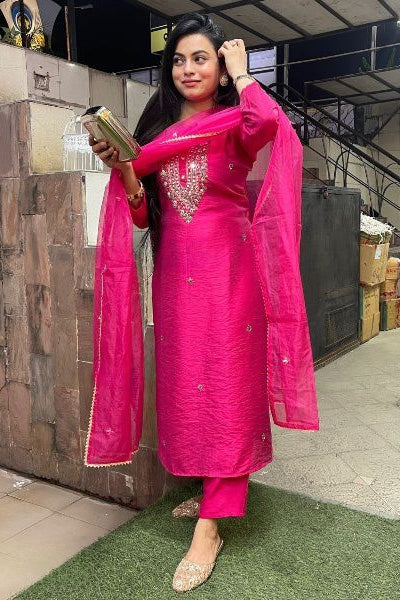 Pink Viscose Chanderi Suit Set