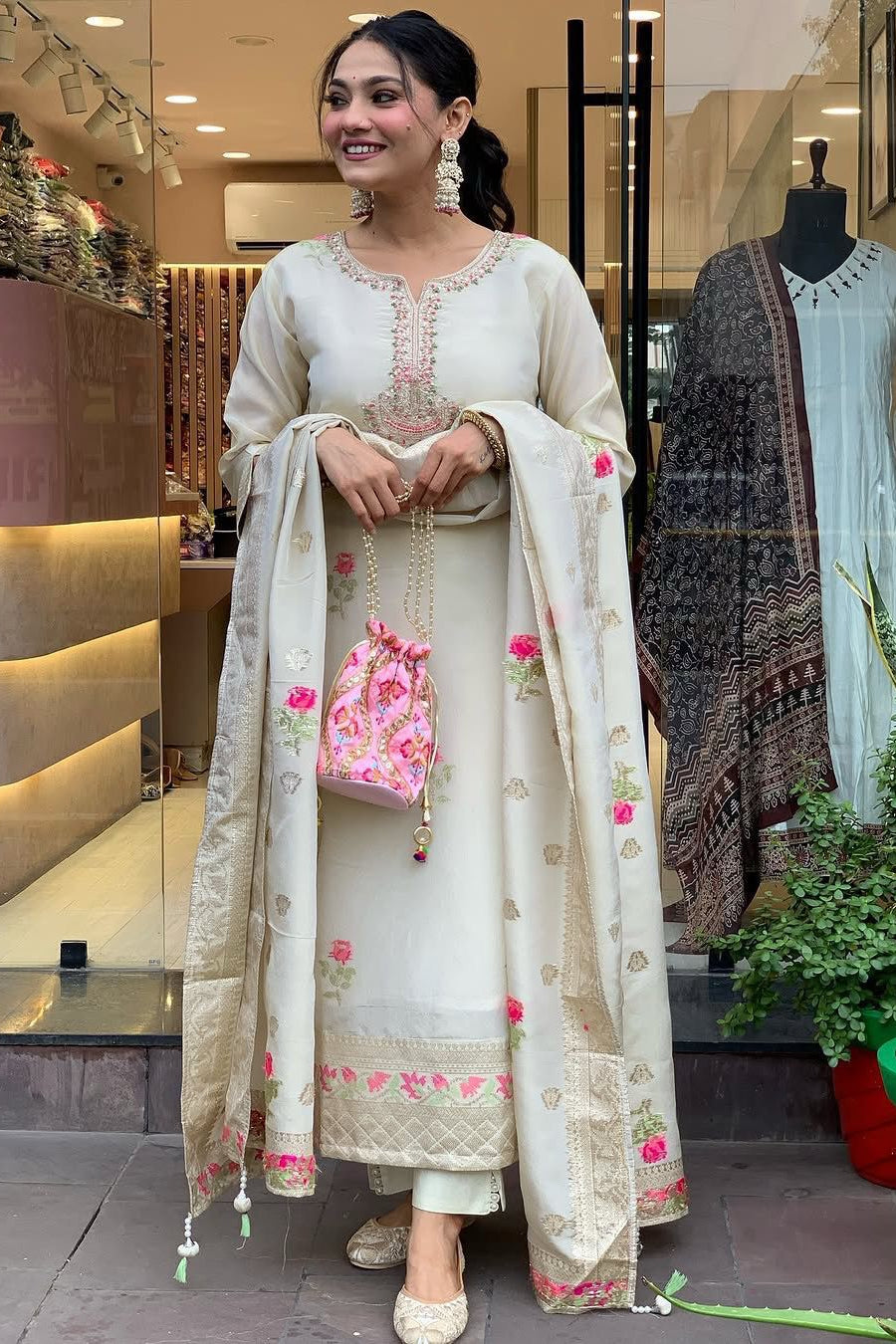 Beige Shehzadi Jacquard Suit Set