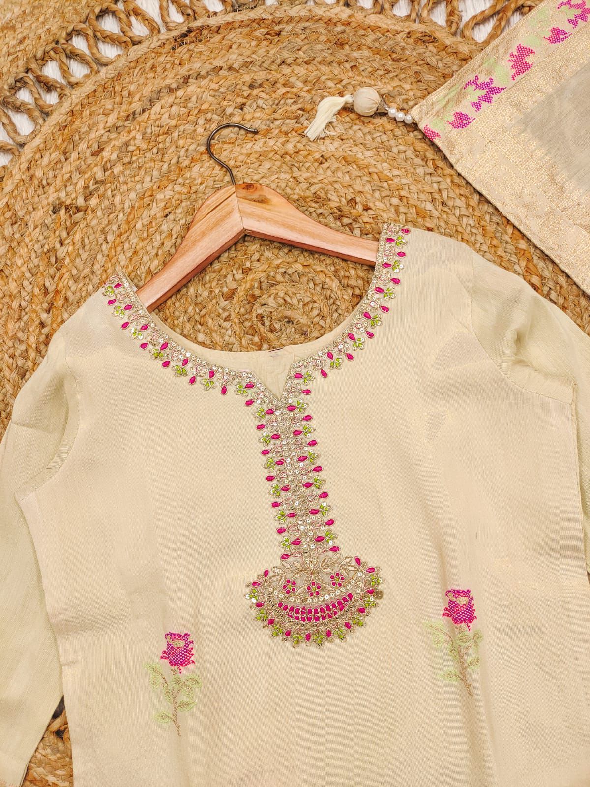 Beige Shehzadi Jacquard Suit Set