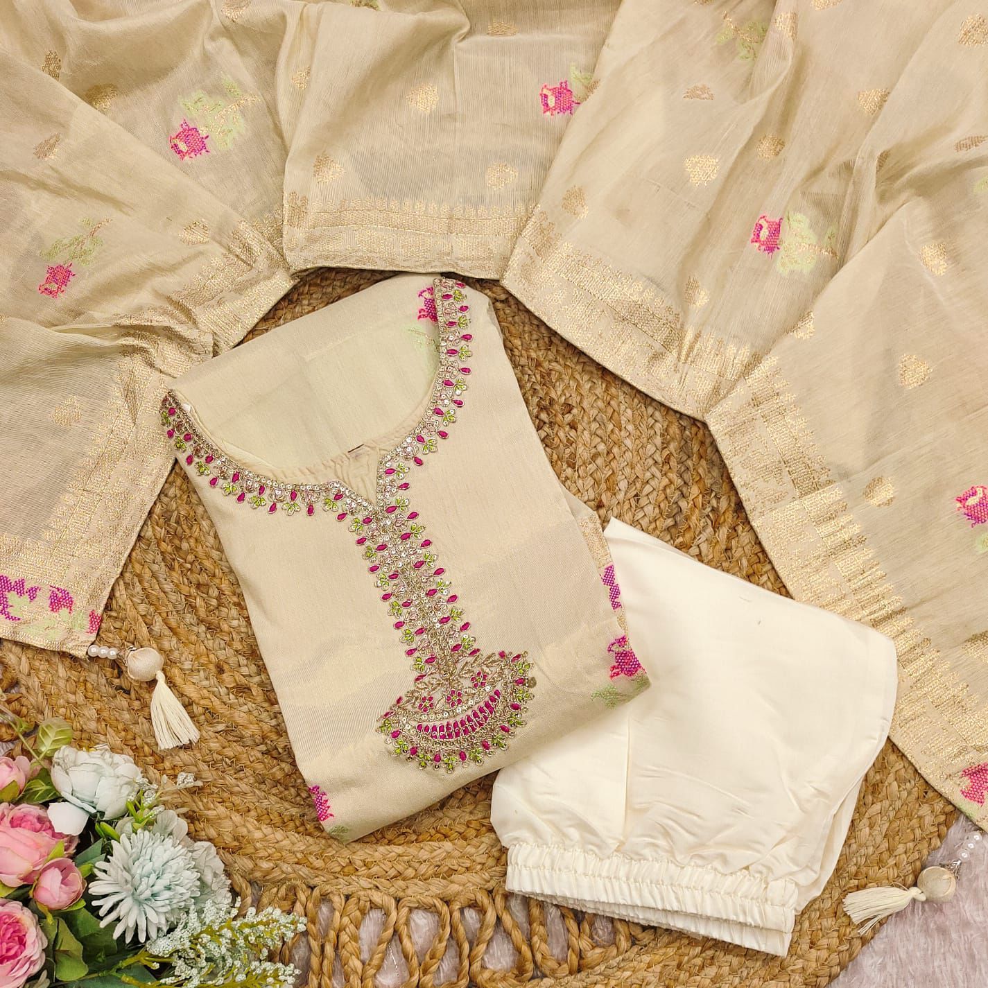 Beige Shehzadi Jacquard Suit Set