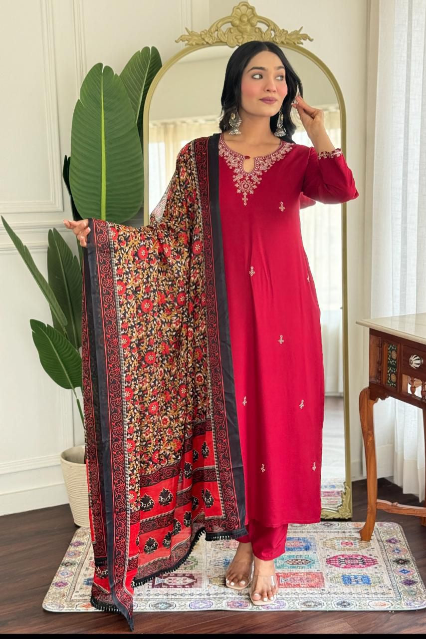 Red Rivaa Embroidery Kurta Set