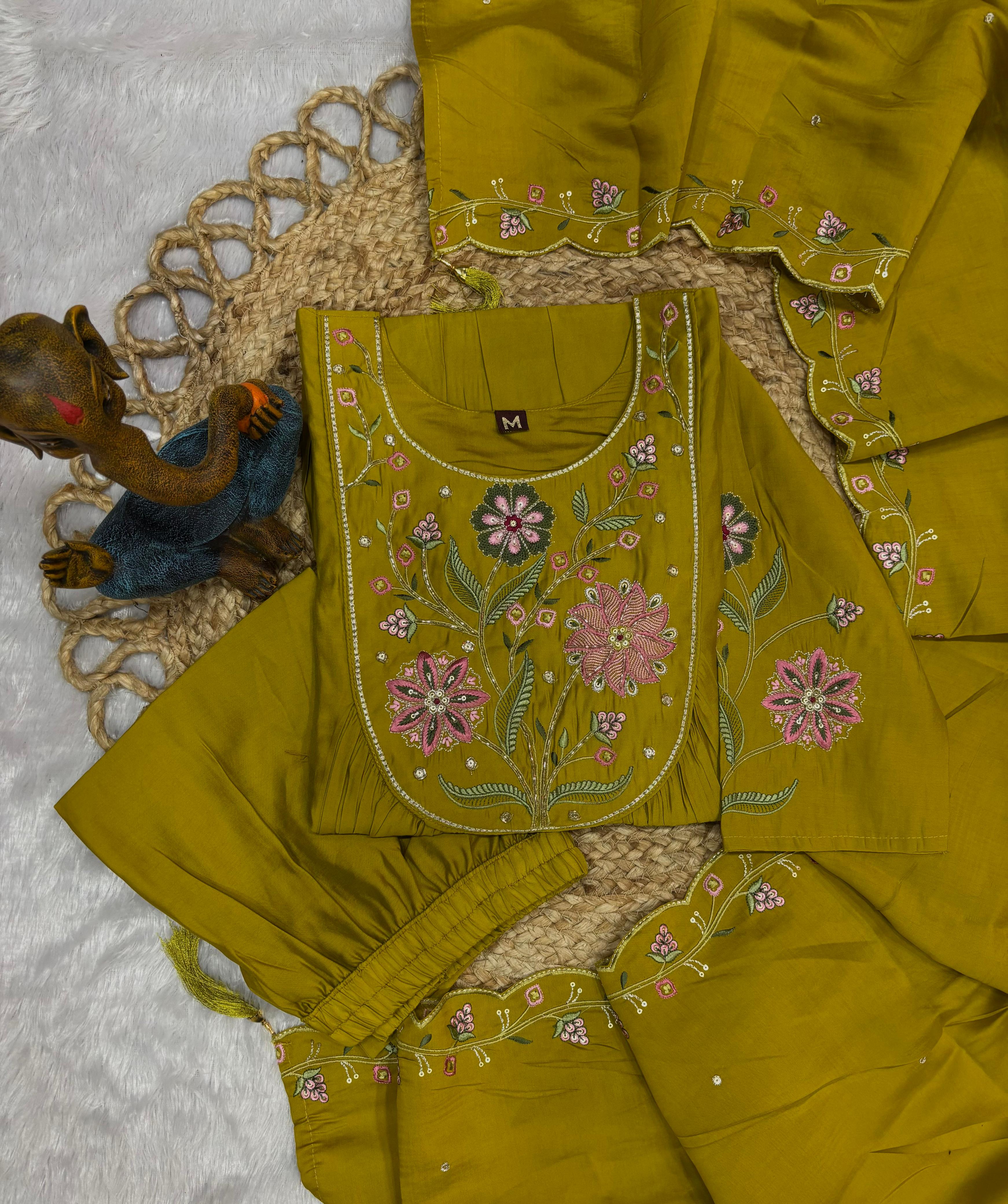 Amber Glow Silk Anarkali Pant Dupatta Set