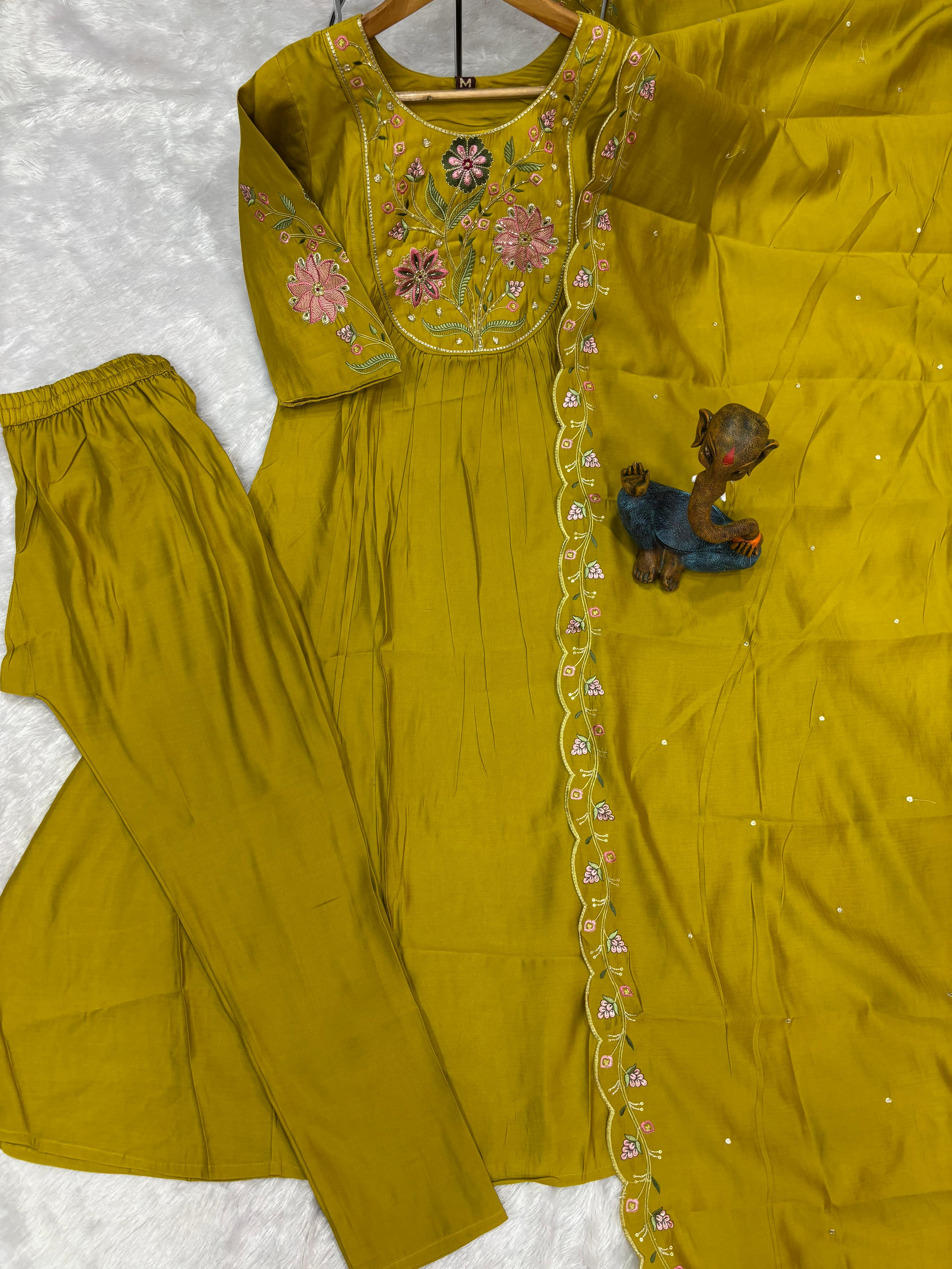 Amber Glow Silk Anarkali Pant Dupatta Set