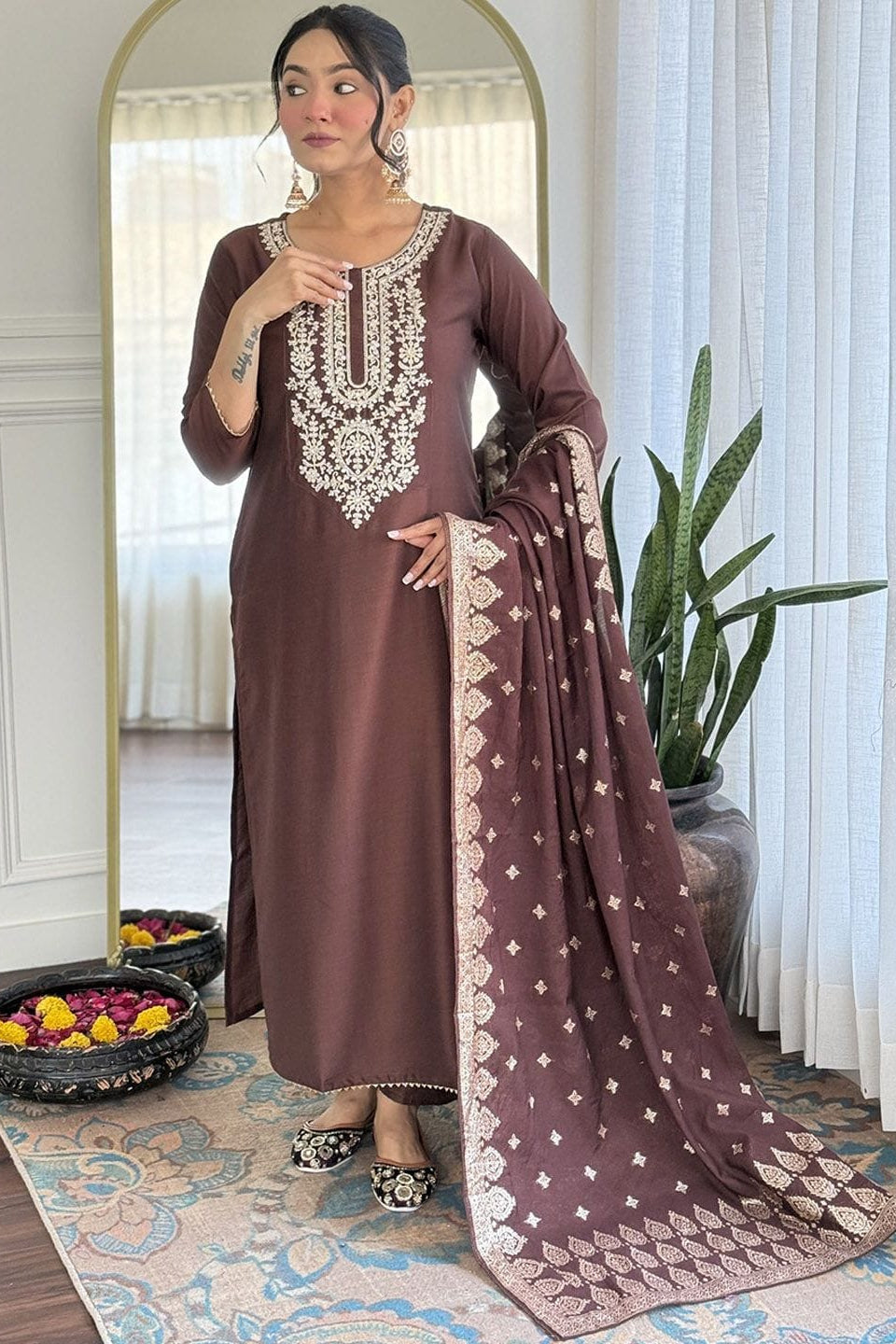 Maroon Heena Chanderi Embroidery Suit Set