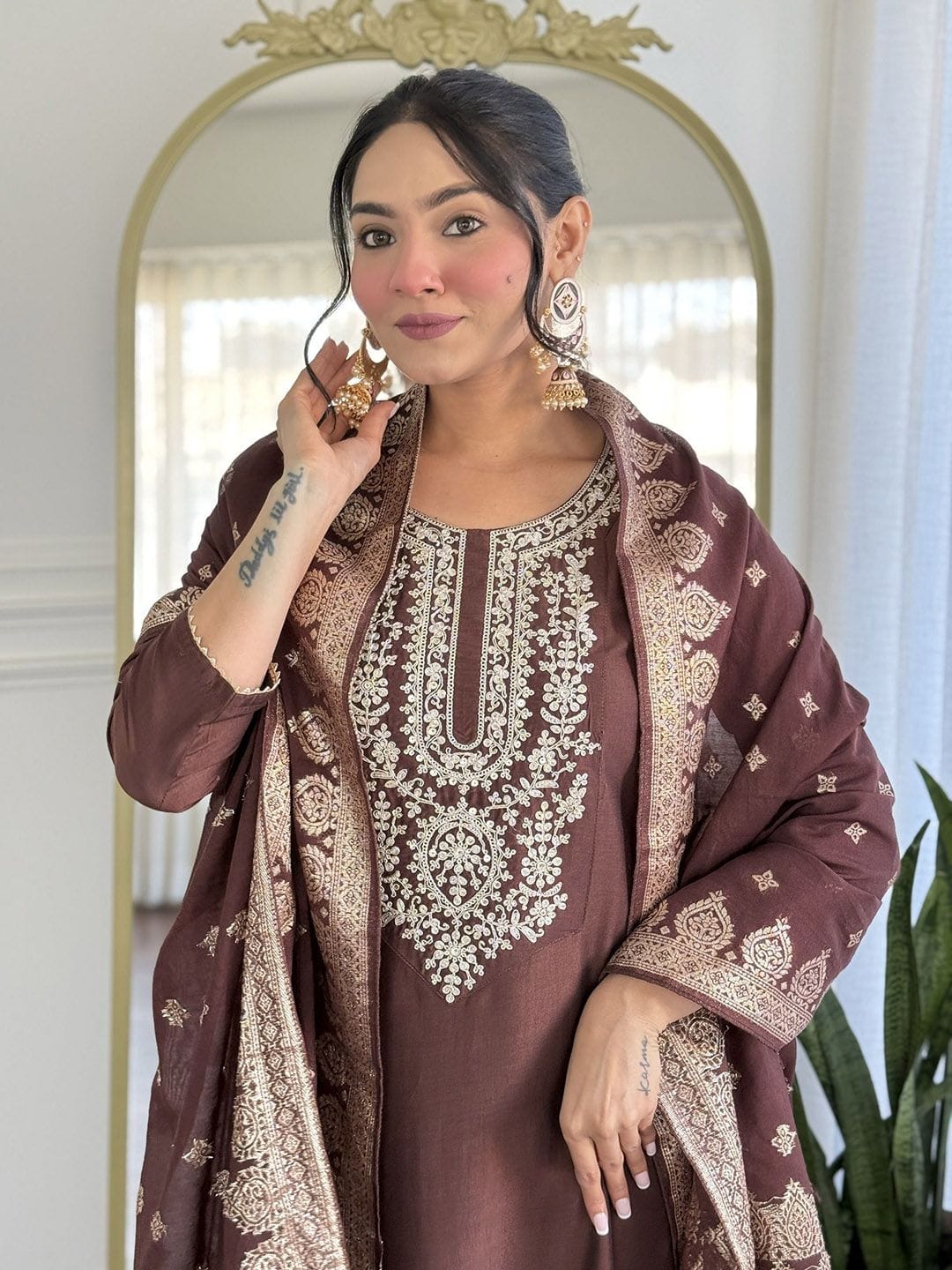 Maroon Heena Chanderi Embroidery Suit Set