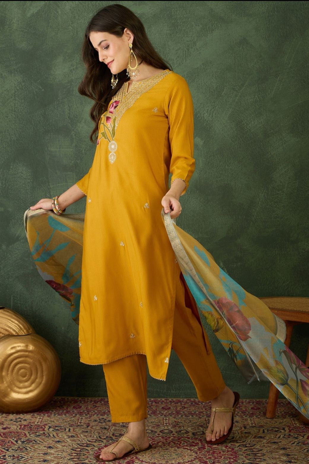 Mustard Noor Rayon Kurta Pant Dupatta Set