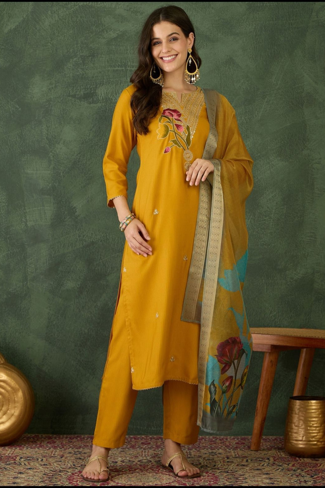 Mustard Noor Rayon Kurta Pant Dupatta Set