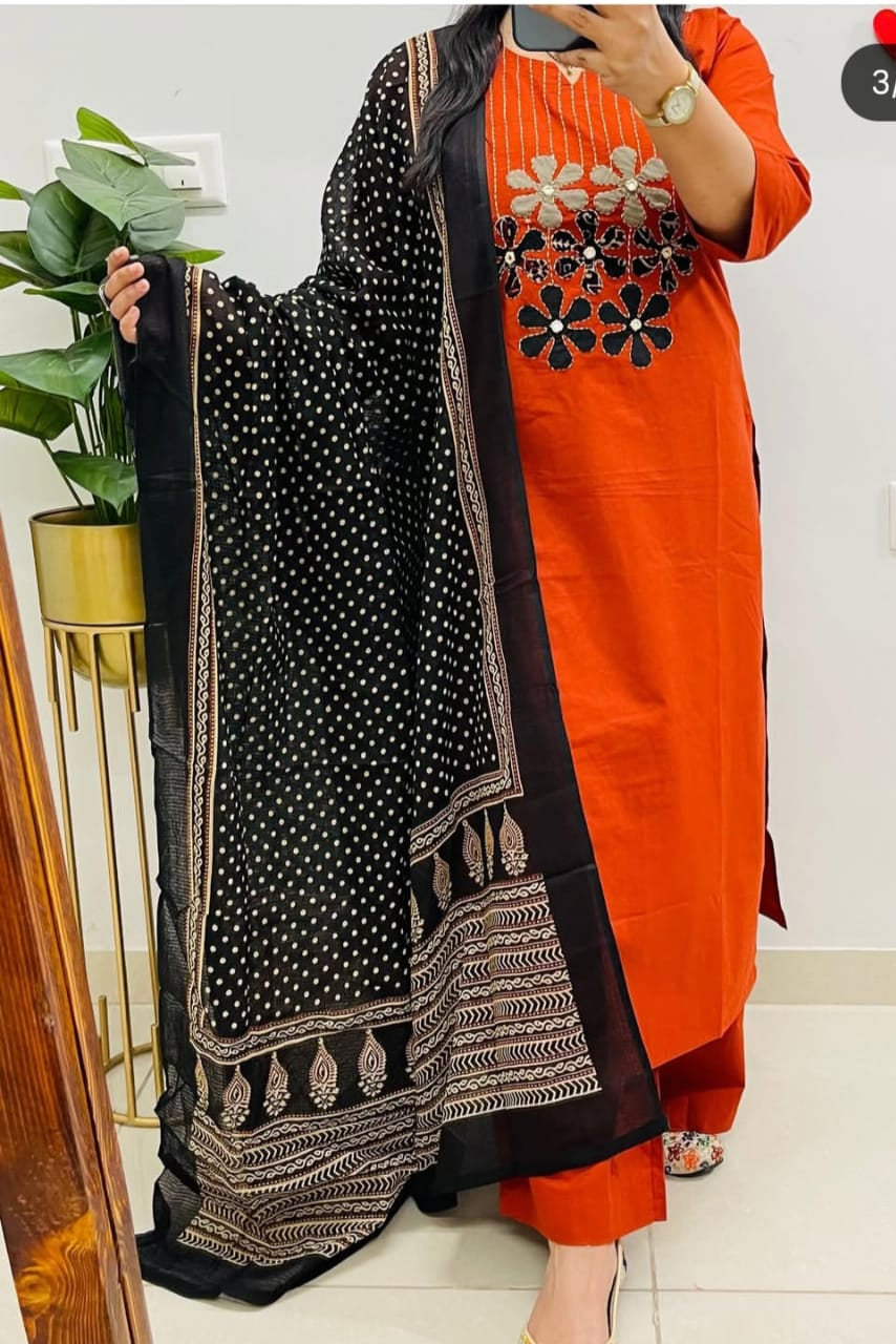 AgniSaaz A-Line Embroidered Cotton Suit Set