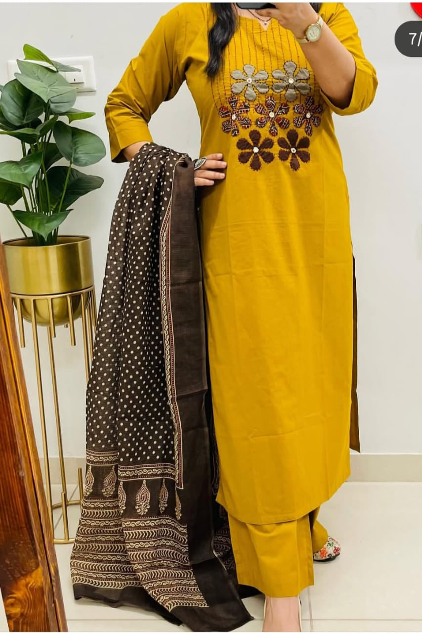 AgniSaaz A-Line Embroidered Cotton Suit Set