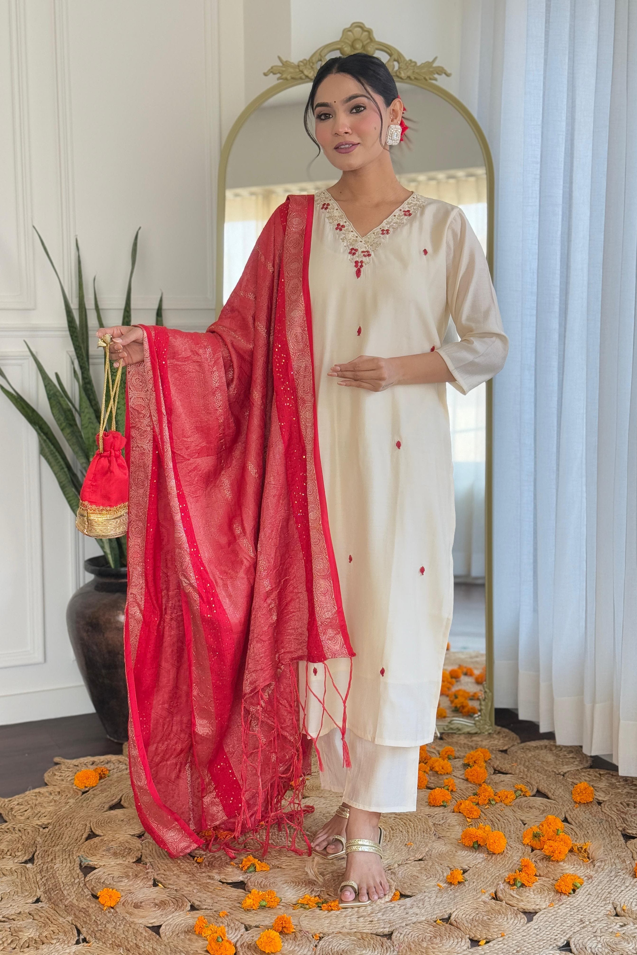 Presenting Our Premium Designer V-Neck Kurti Pant Dupatta Set